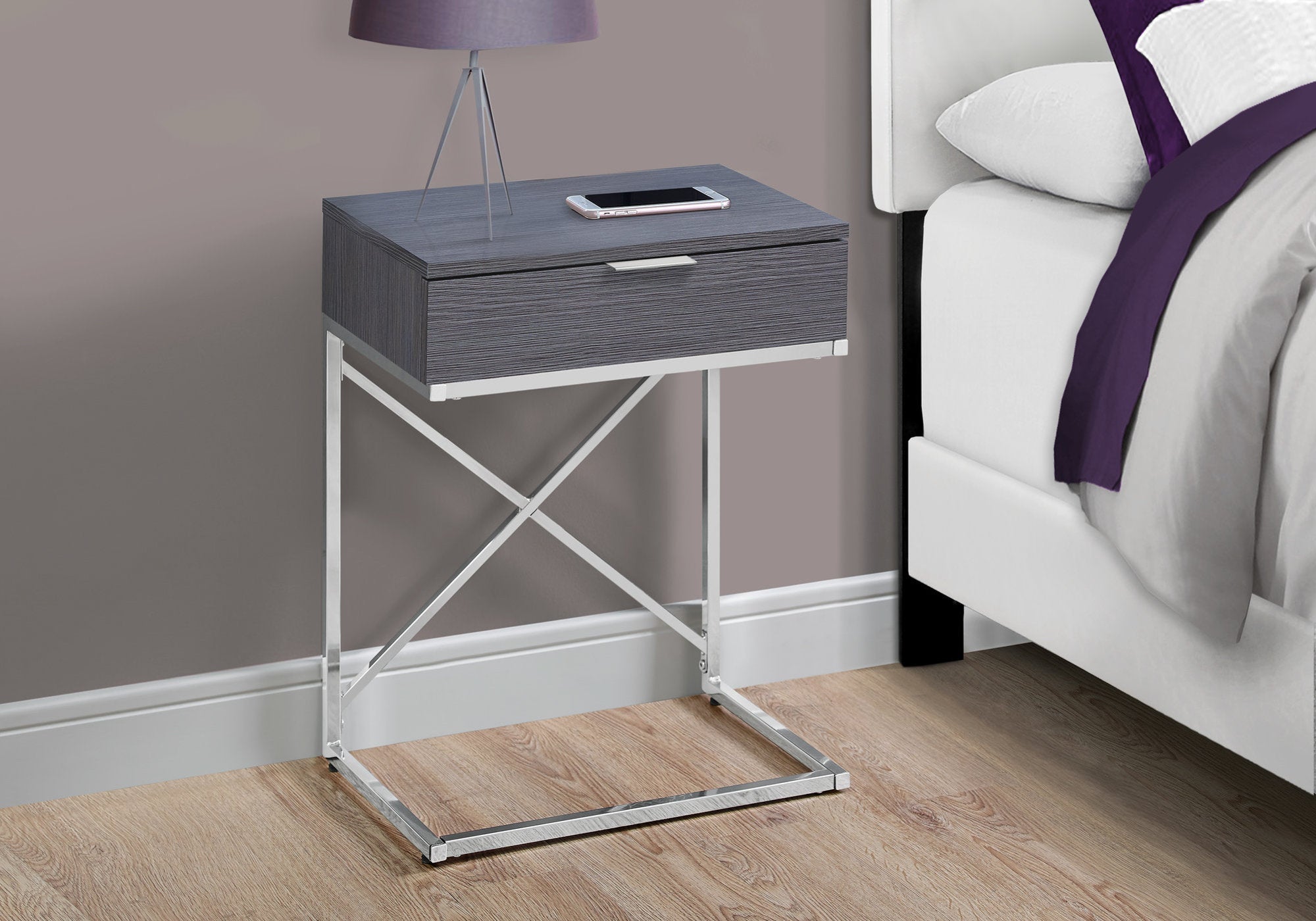 Modern Accent Table - 24 Inch Round Side Table in Grey with Chrome Metal Base | Perfect for Living Room, Bedroom, or Office Decor