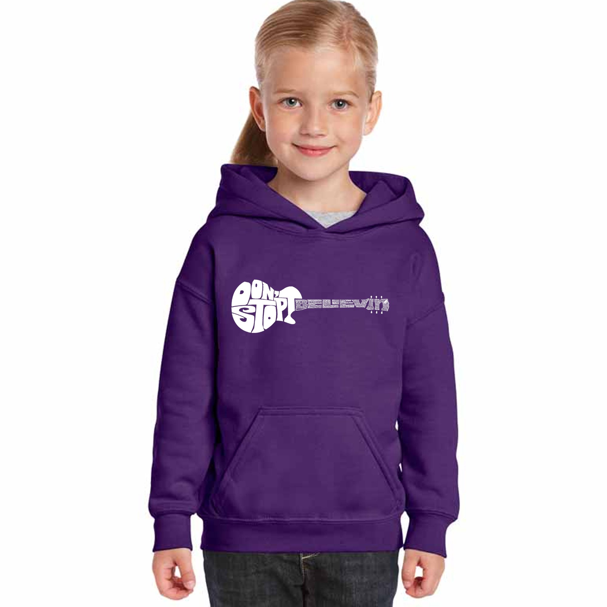 Girl's Word Art Hooded Sweatshirt - Don't Stop Believin' LA Pop Art Graphic Pullover - Trendy Casual Outfit for School, Streetwear & Teen Fashion