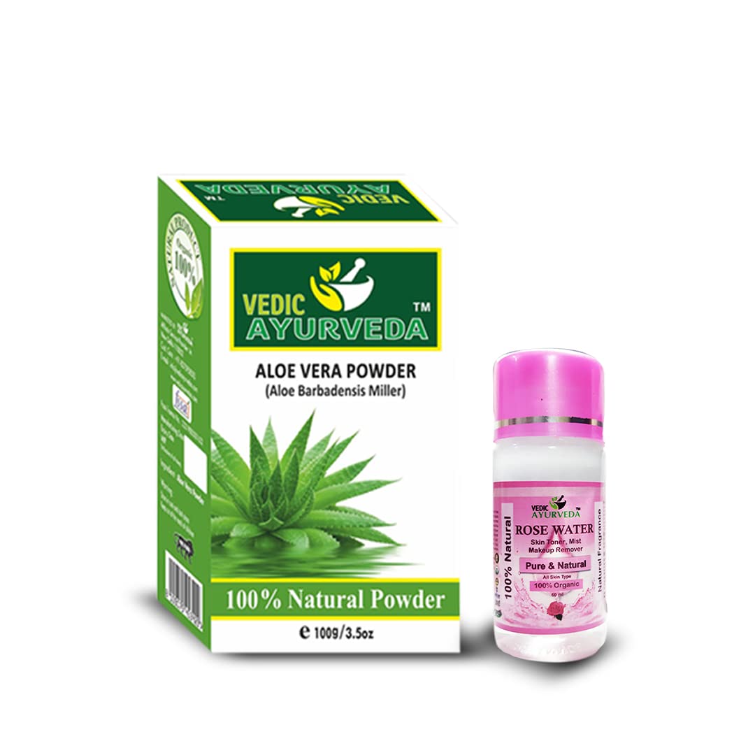 VedicAyurveda Aloe Vera Powder Face Mask with Free Rose Water (60ml) - Brightens Skin, Reduces Wrinkles & Anti-Aging | 100g Aloe Powder + Rosewater | Perfect for Daily Skincare & Spa Treatments