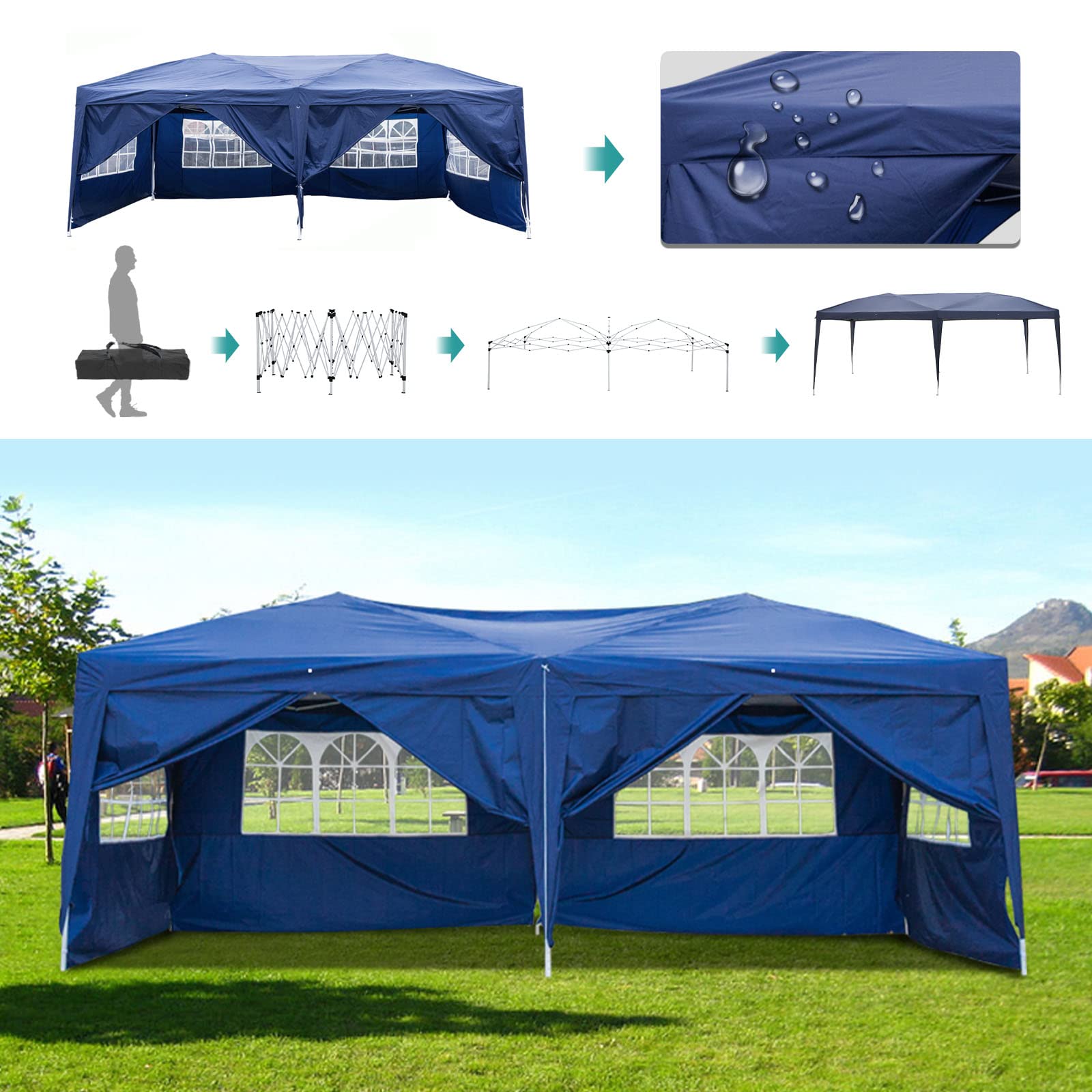 BELANITAS 10x20 FT Pop Up Canopy Tent with 6 Removable Walls & 4 Windows - Adjustable Height Folding Shelter for Outdoor Events, Parties, Markets & Camping - Waterproof & UV Protection Blue Instant Canopy - Perfect for Backyard BBQs, Flea Markets & Beach Gatherings