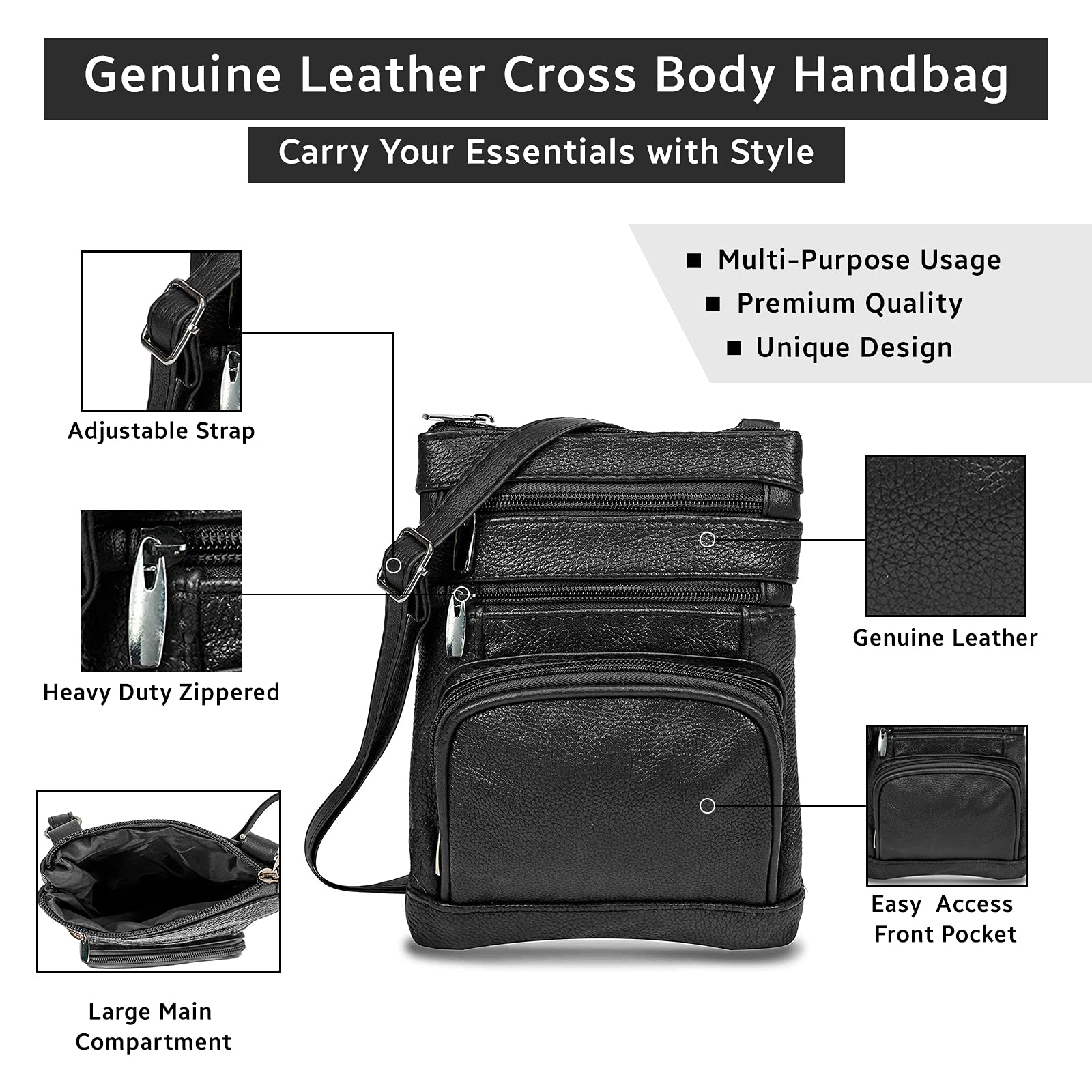Krediz Genuine Leather Crossbody Bags for Women - Multi-Pocket Adjustable Strap Shoulder Purse, Soft & Durable Leather Handbag - Perfect for Travel, Shopping & Everyday Use