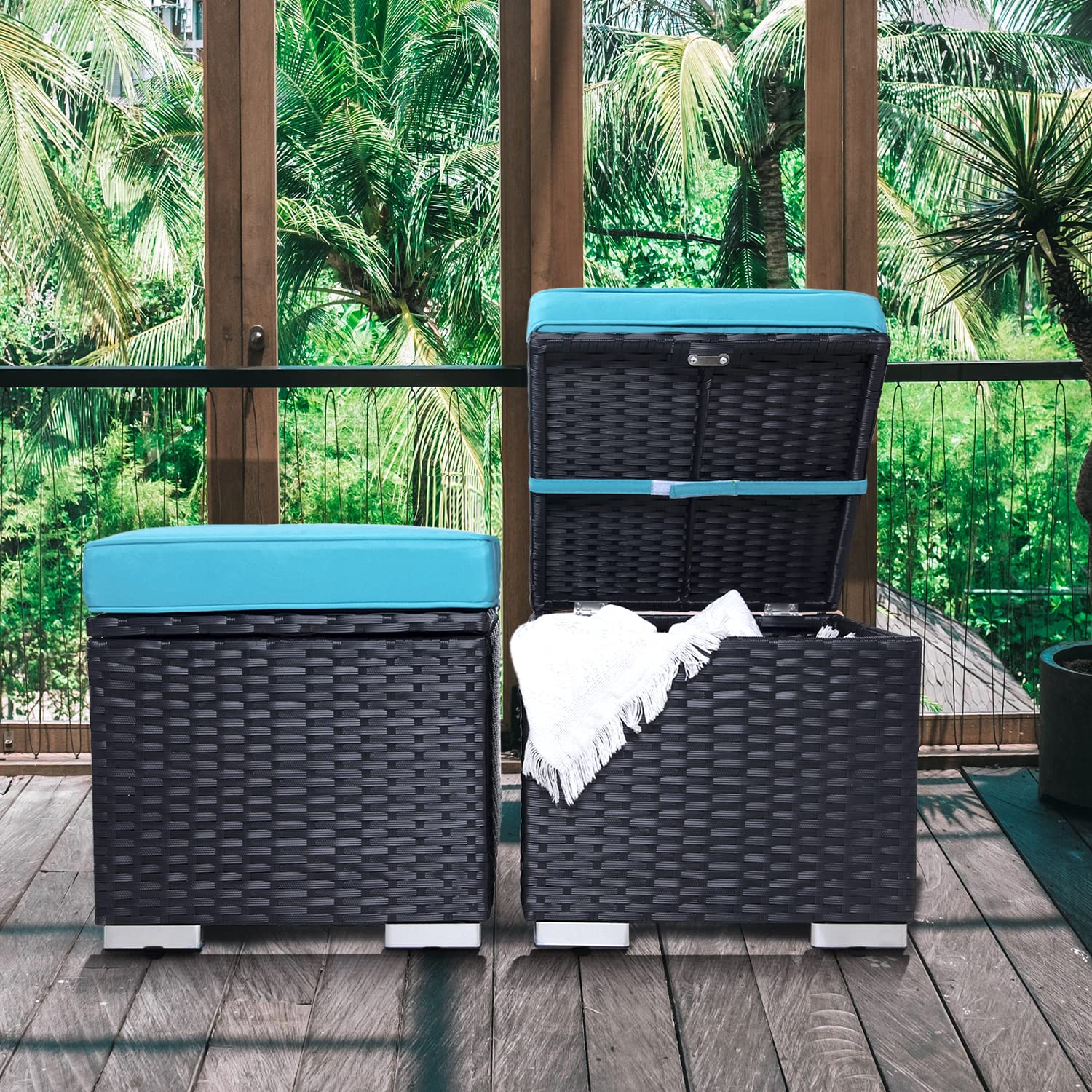 2-Piece Outdoor Rattan Ottoman Set with Storage & Removable Cushion - Waterproof Wicker Footstool for Patio, Balcony, Poolside - Perfect for Relaxing in Backyard, Garden or Living Room (Black)