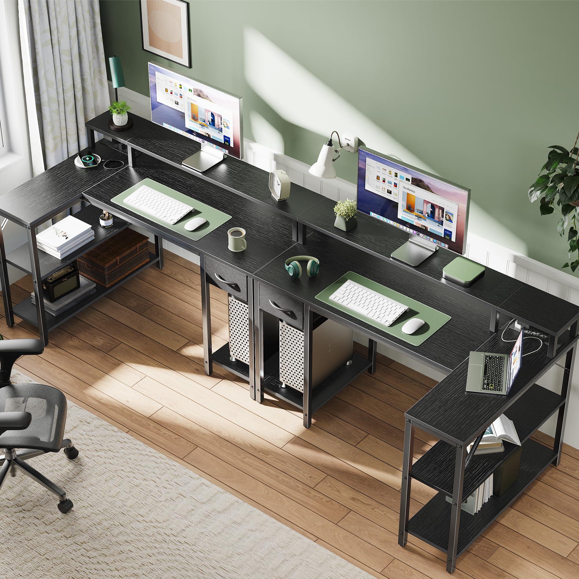 SUPERJARE 47 inch Reversible L-Shaped Desk with LED Lights & Power Outlets - Adjustable Computer Desk with Storage Shelves, Monitor Stand & Drawer - Ergonomic Gaming & Home Office Corner Desk (Black) for Small Spaces, Work from Home & PC Gaming Setup