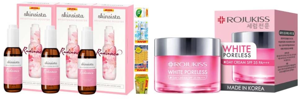 Radiant Cherry Blossom Booster Serum & Poreless Day Cream SPF35 Set - 3x15ml Serum + 45ml Moisturizer with Collagen - Brightening Skincare Routine for Glowing Skin - Perfect for Morning Hydration & Sun Protection - Fast DHL Shipping