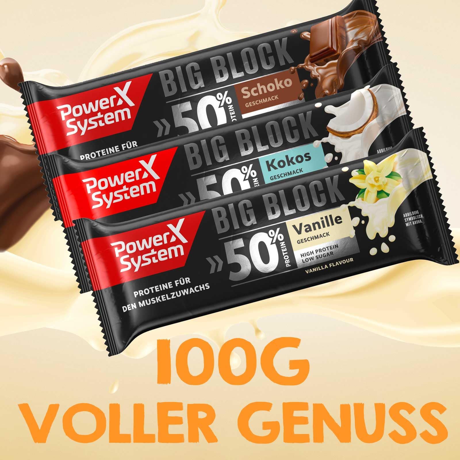 Power System Big Block 50% High Protein Bar Mix Box - Vanilla, Chocolate & Coconut Flavors (6 x 100g Protein Bars) for Gym, Workout & Healthy Snacking