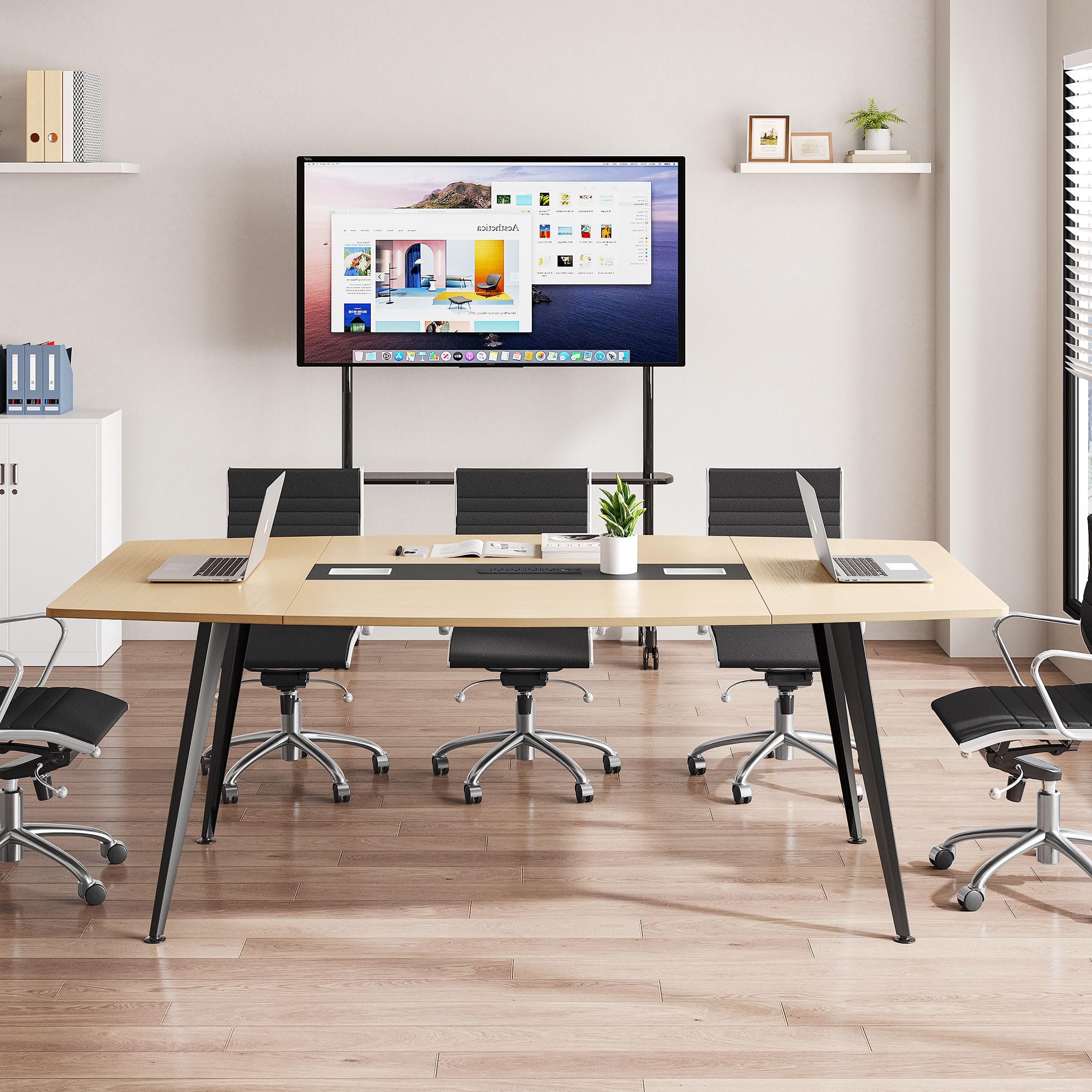 YITAHOME 6FT Conference Table with Power Outlets - 70.8 Inch Boat Shape Office Meeting Table with Rectangle Grommet, Modern Light Wood Grain Boardroom Desk for Conference Rooms, Seminars & Team Collaborations