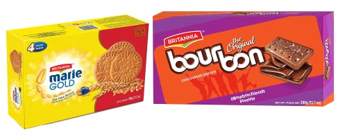 BRITANNIA Marie Gold & Bourbon Original Combo Pack - Delicious Breakfast & Tea Time Cookies - Vegetarian-Friendly Grocery Snacks (Pack of 1 Each) - Perfect for Office Snacks, Afternoon Tea, and Family Gatherings