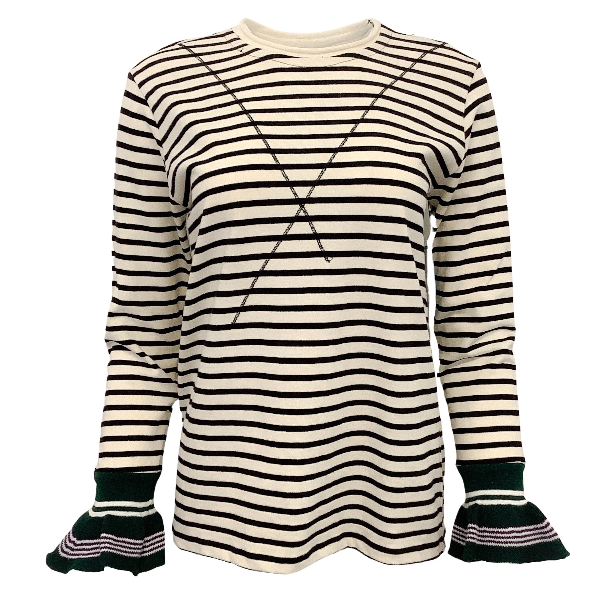 R13 Black & Ivory Striped Long Sleeve Bell Sleeve T-Shirt | Women's Fashion Top for Casual Wear & Date Night Outfits