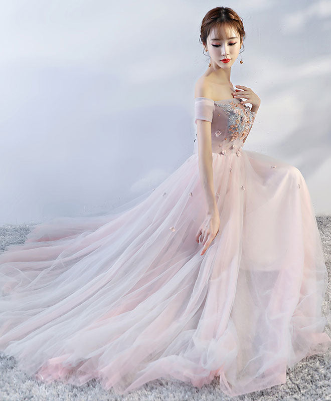 Elegant Pink Off-Shoulder Tulle Lace Applique Long Prom Dress - Formal Evening Gown for Homecoming, Quinceañera & Special Occasions