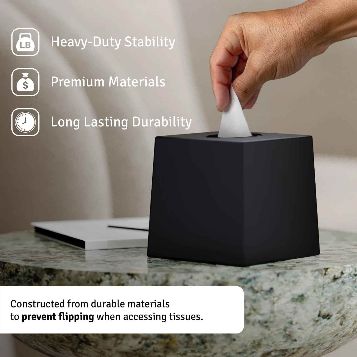 Creative Black Square Tissue Box Cover - 2 Pack Plastic Cube Tissue Holder Dispenser - Decorative Facial Tissue Box Organizer for Living Room, Office Desk & Bathroom Vanity - 5.5