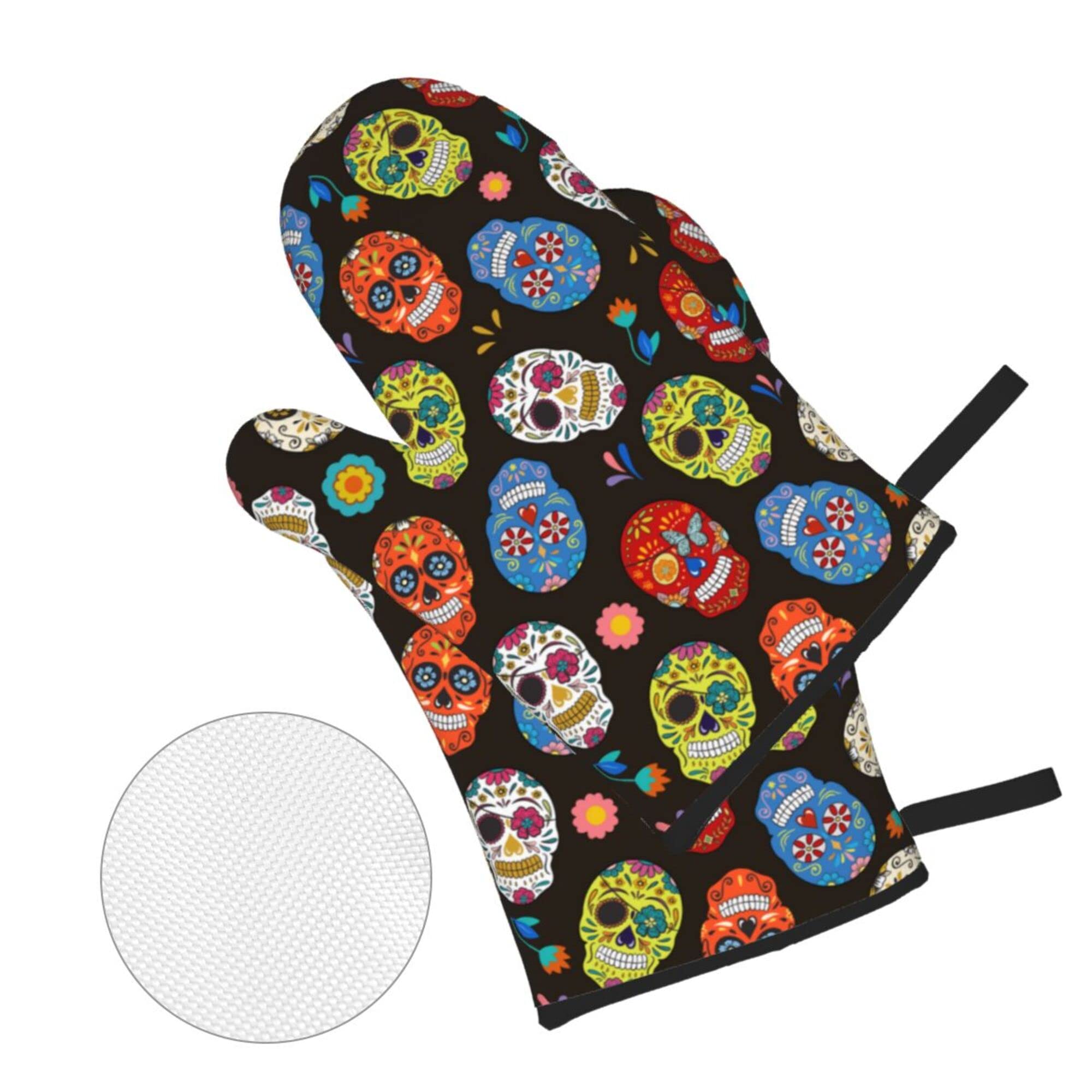 Sugar Skull Oven Mitts and Pot Holders Set - Heat Resistant, Waterproof & Durable Kitchen Accessories for BBQ, Baking & Cooking - Perfect Gift for Home Chefs & Halloween Decor