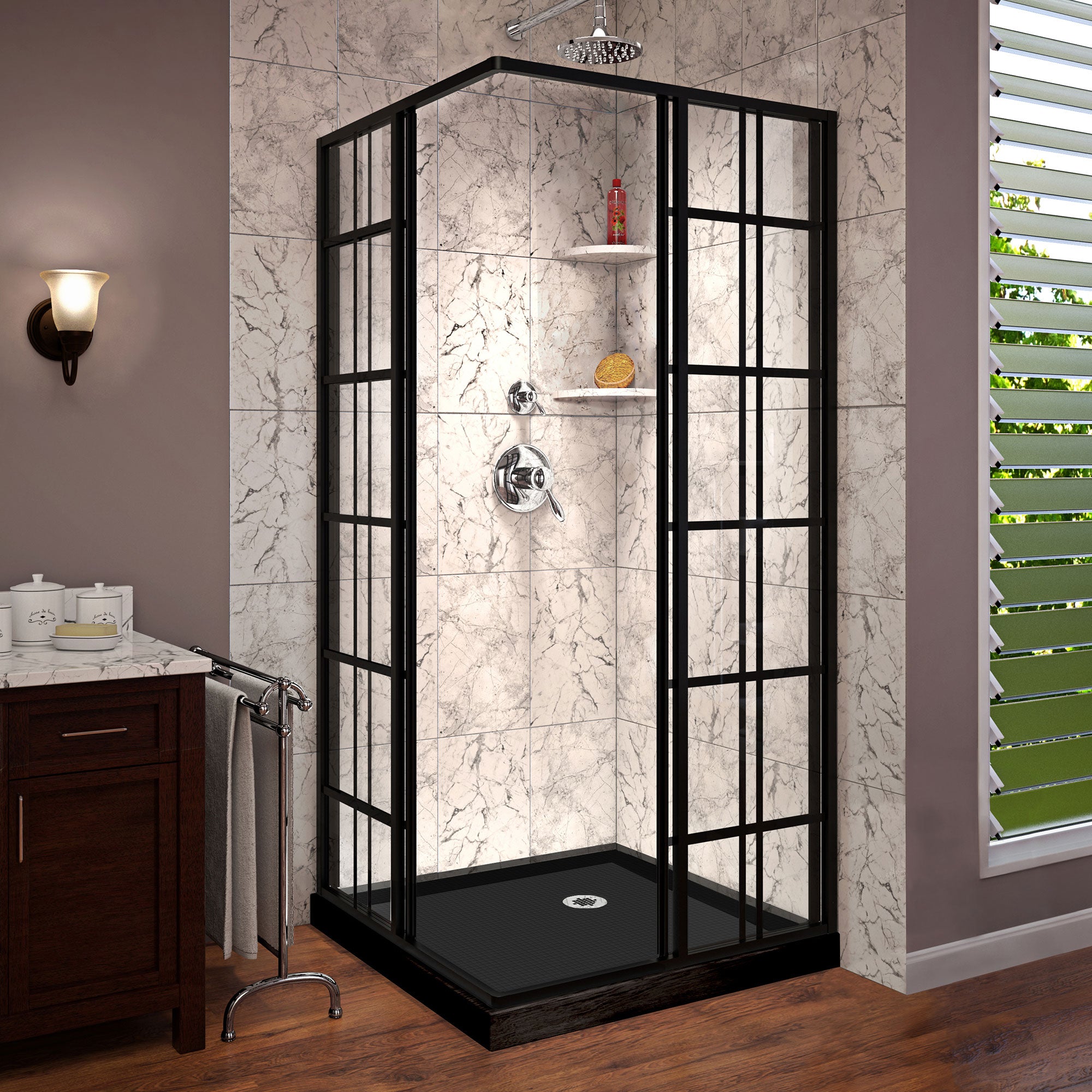 DreamLine French Corner 36x36x74.75 Inch Sliding Shower Enclosure - Satin Black Framed Glass & Corner Drain Black Base Kit for Bathroom Remodeling & Spa-Like Shower Experience