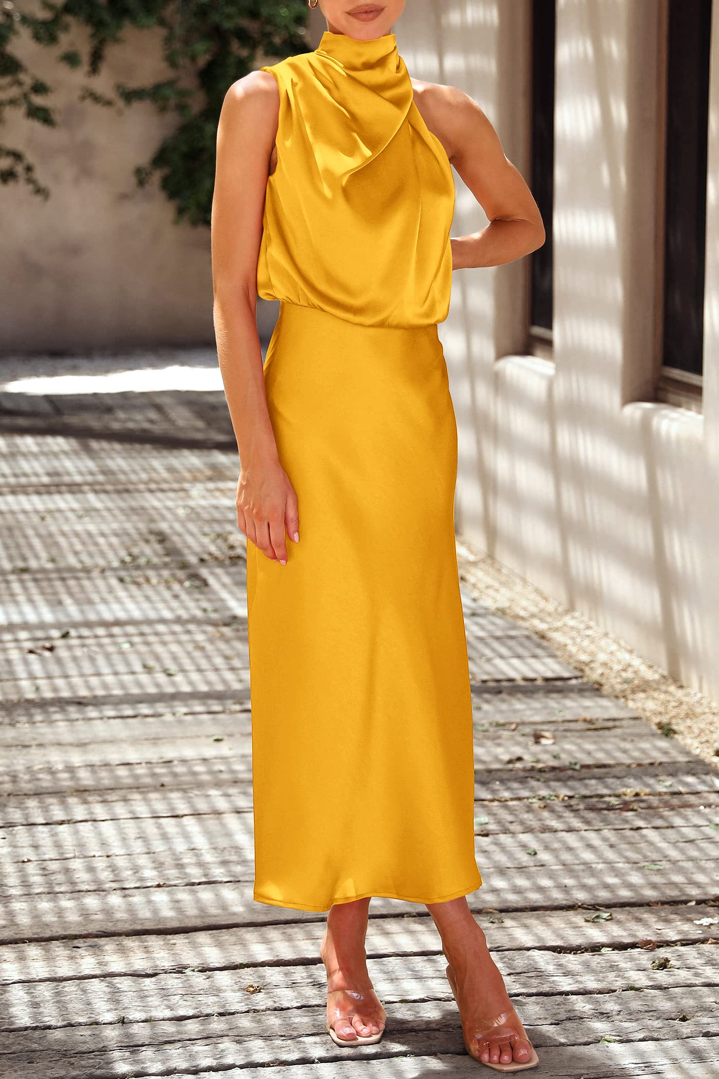 PRETTYGARDEN Women's Elegant Satin Maxi Dress - Sleeveless Mock Neck Summer Cocktail Party Dress 2025 | Perfect for Weddings, Evening Events & Special Occasions