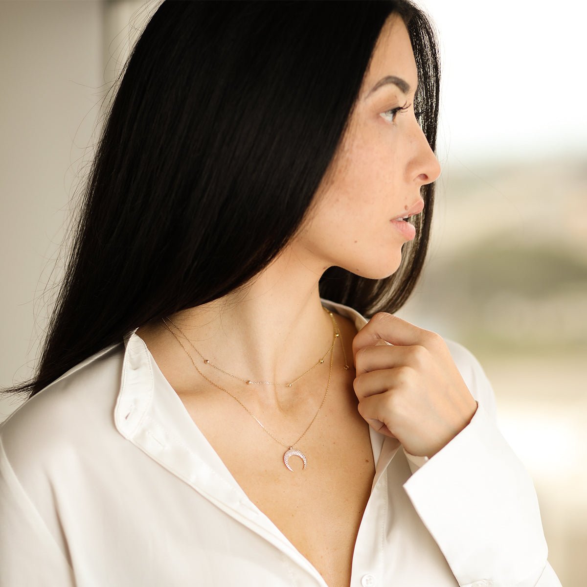 14k Yellow Gold Sapphire Pave Crescent Moon Necklace for Women | Elegant Layering Jewelry for Date Night & Special Occasions