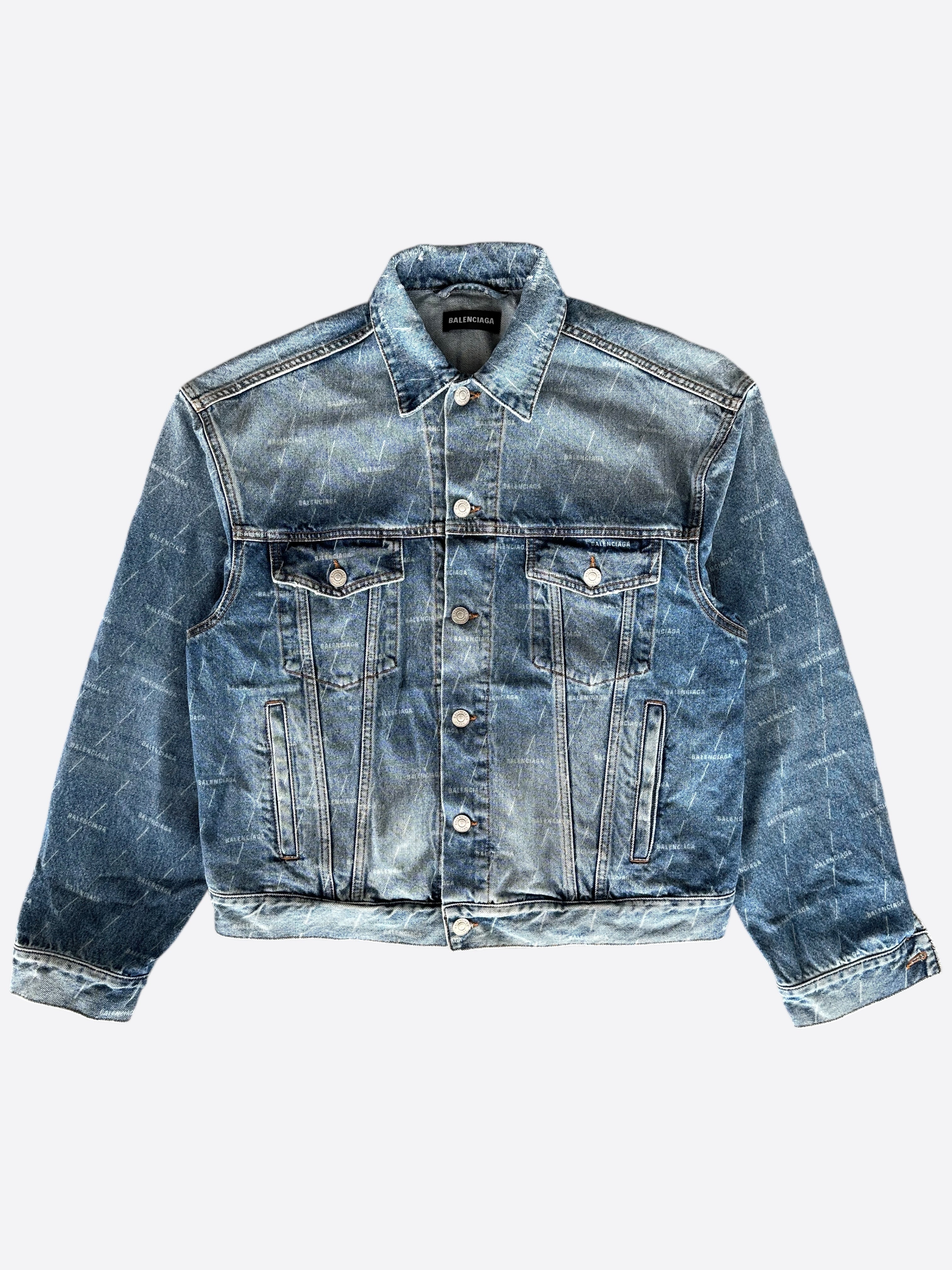 Balenciaga Blue & White All Over Print Denim Jacket for Men & Women | Stylish Vintage Distressed Denim Coat | Perfect for Streetwear, Casual Outfits & Fashion Events