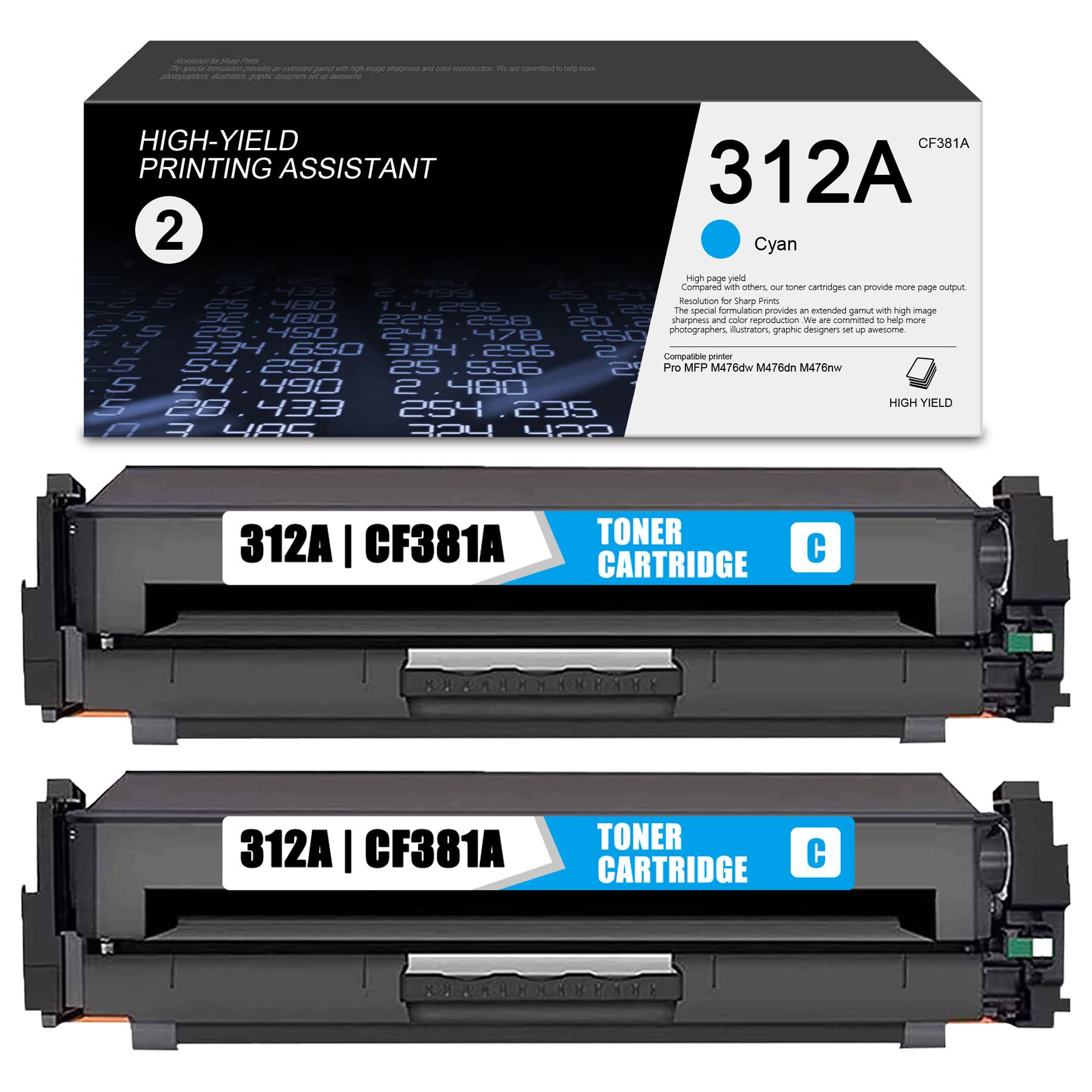 2-Pack High Yield 312A CF381A Cyan Toner Cartridge Replacement for HP Pro MFP M476dw/M476nw/M476dn Printers - Perfect for Office & Home Printing Needs