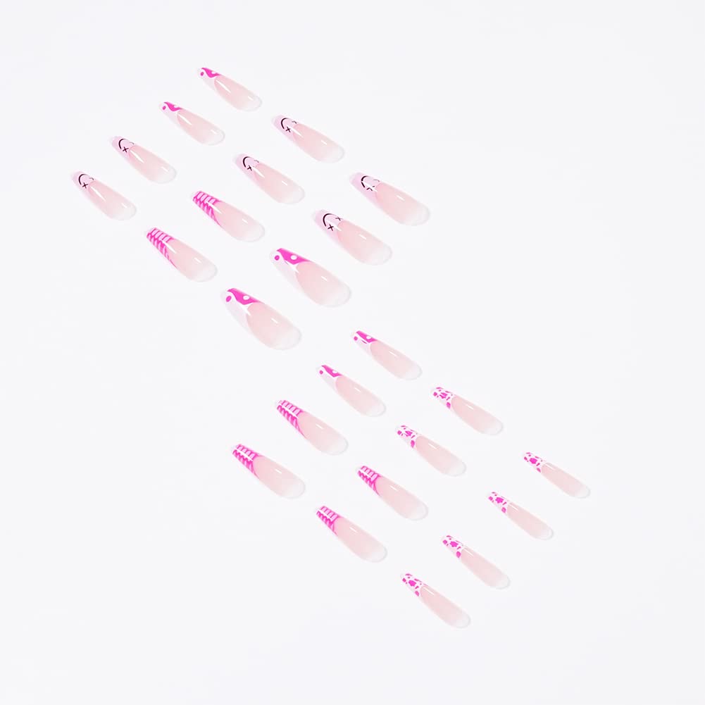 24Pcs Long Coffin Press on Nails - Glossy Ballerina Fake Nails with Square Smile Design, Full Cover Clip on False Nails for Women & Girls (Hot Pink) | Perfect for Parties, Weddings, Date Nights & Special Occasions