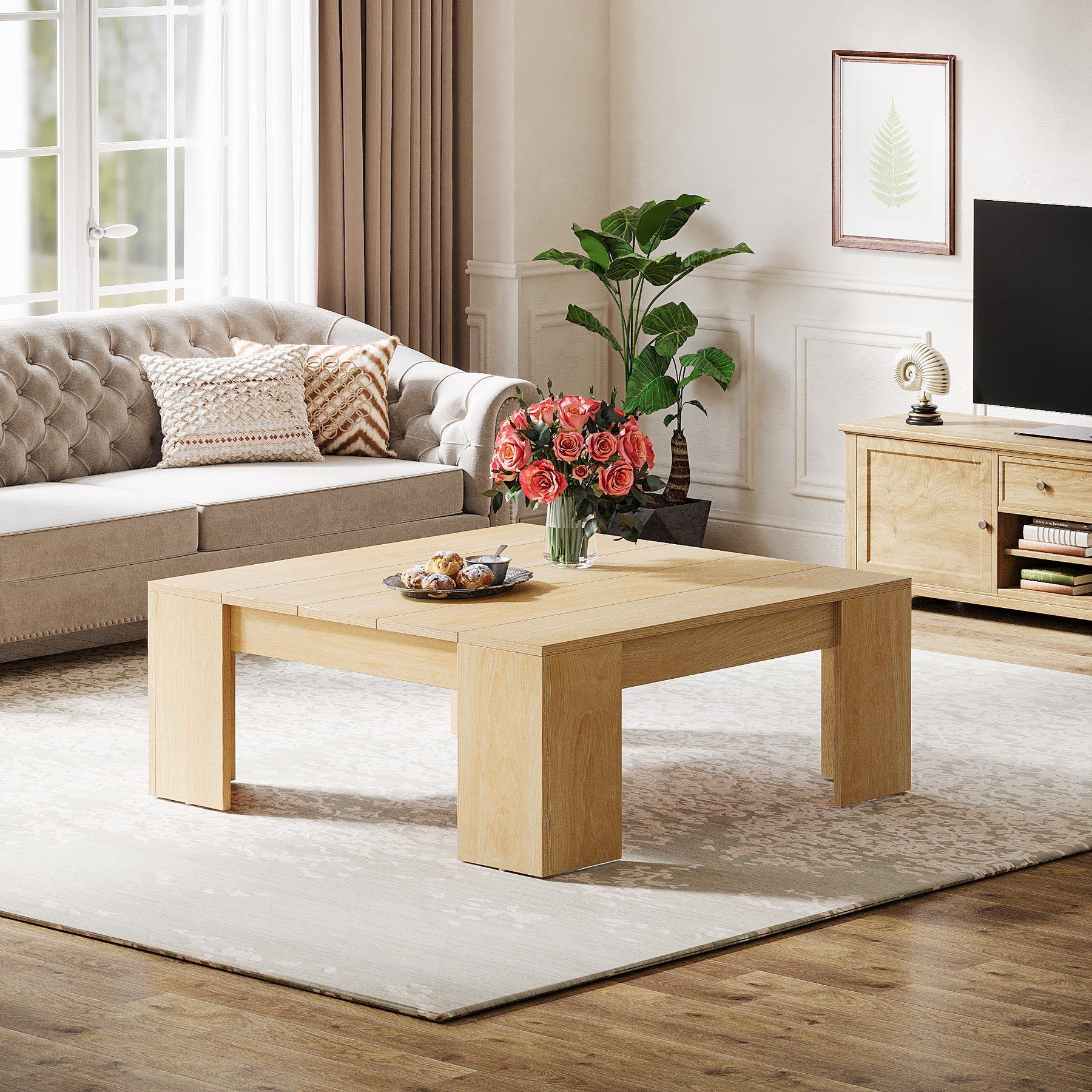 38.8 Inch Square Coffee Table - Solid Wood Living Room Center Table with Storage Shelf | Perfect for Small Spaces, Snack Table for Sofa Lounge, TV Room & Apartment Decor