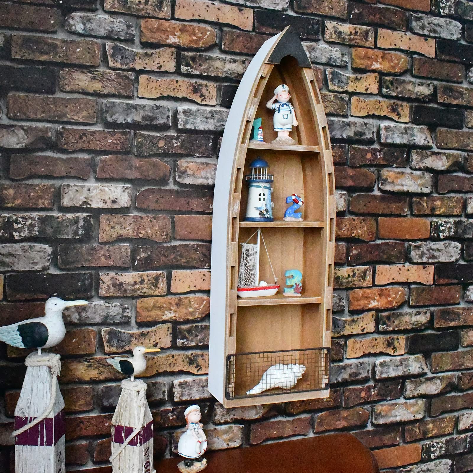 Wooden Boat Shelf - Decorative Nautical Bookshelf for Wall or Tabletop | Perfect for Beach Theme Bathroom, Living Room, Nursery & Coastal Farmhouse Decor | Lake House, Boat & Ocean Inspired Home Accents