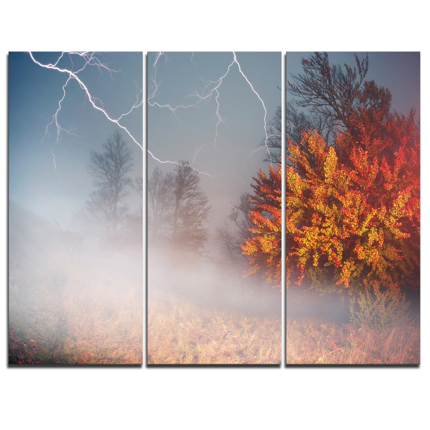 Designart Storm and Lightning in Autumn Forest - Landscape Photo Canvas Art Print - 36x28 Inches - 3 Panel Wall Art for Living Room, Bedroom & Office Decor