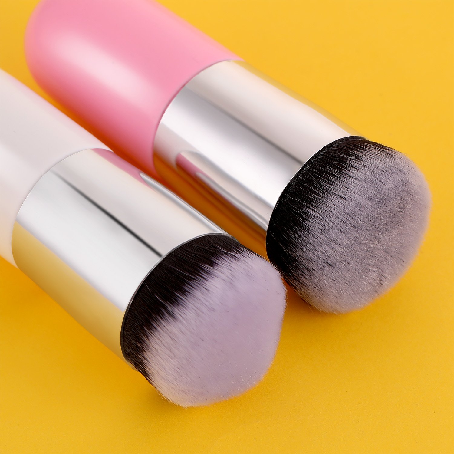 2 Pack Kabuki Makeup Brush Set - Chubby Foundation Brush & Travel Powder Brush for Liquid, Cream & Powder Cosmetics (White/Rose Gold & Pink/Silver) - Perfect for Professional Makeup Application & On-the-Go Touch Ups