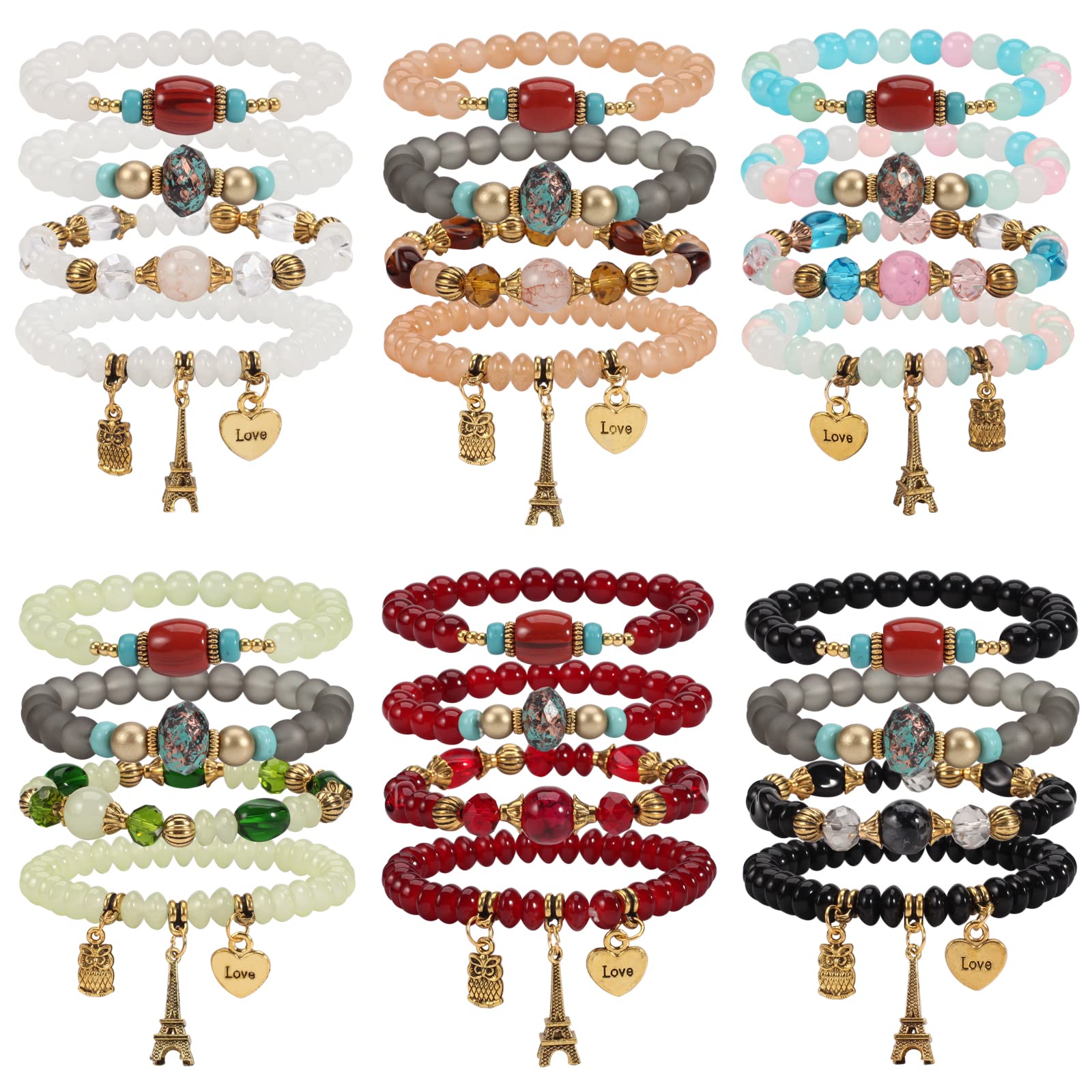 6-Piece Bohemian Stretch Bracelet Set for Women - Multilayer Beaded Owl & Heart Pendant Charm Bracelets - Boho Chic Jewelry Gift for Mom, Daughter, Teens - Perfect for Festivals, Parties & Everyday Wear