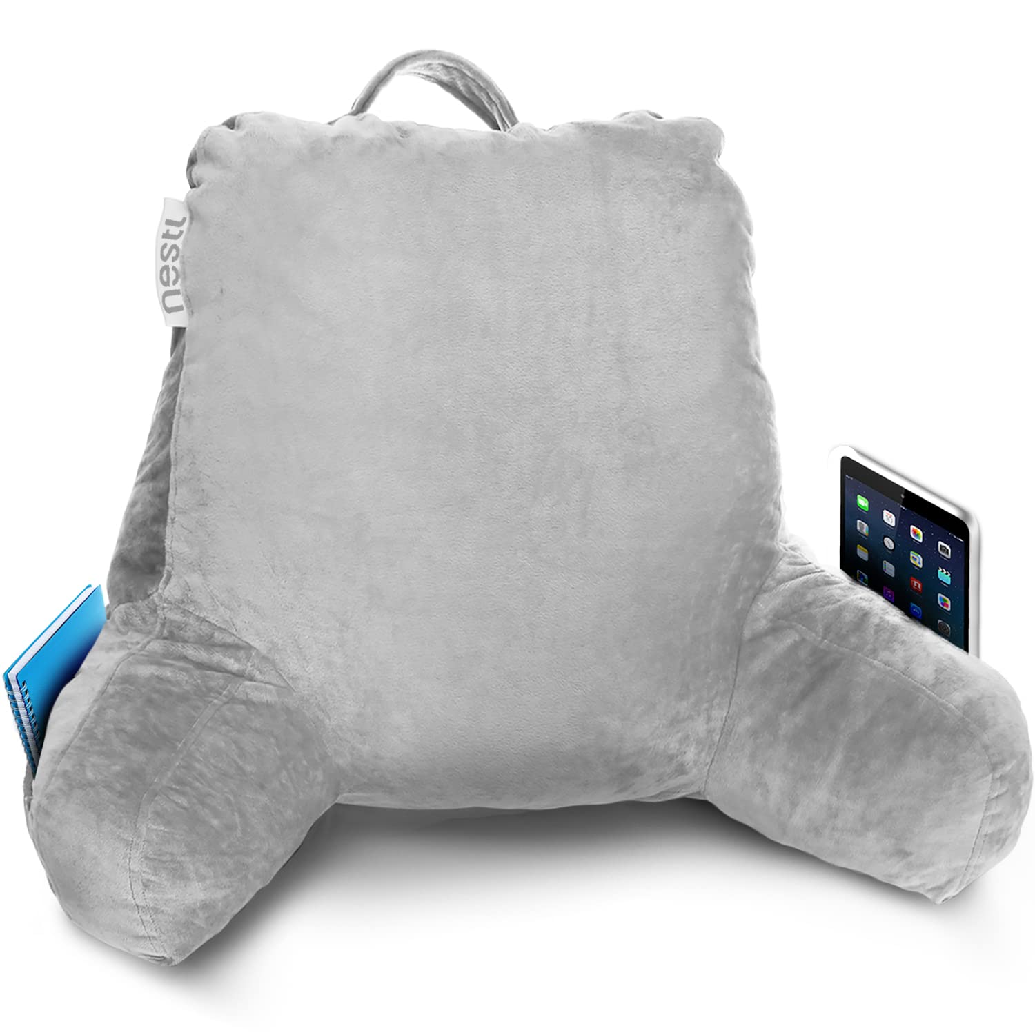 Nestl Reading Pillow with Shredded Memory Foam - Standard Bed & Back Support Pillow for Sitting in Bed, Reading, or Relaxing | Light Grey Chair Pillow with Pockets | Perfect for Bed Rest, Arm Support & Book Storage