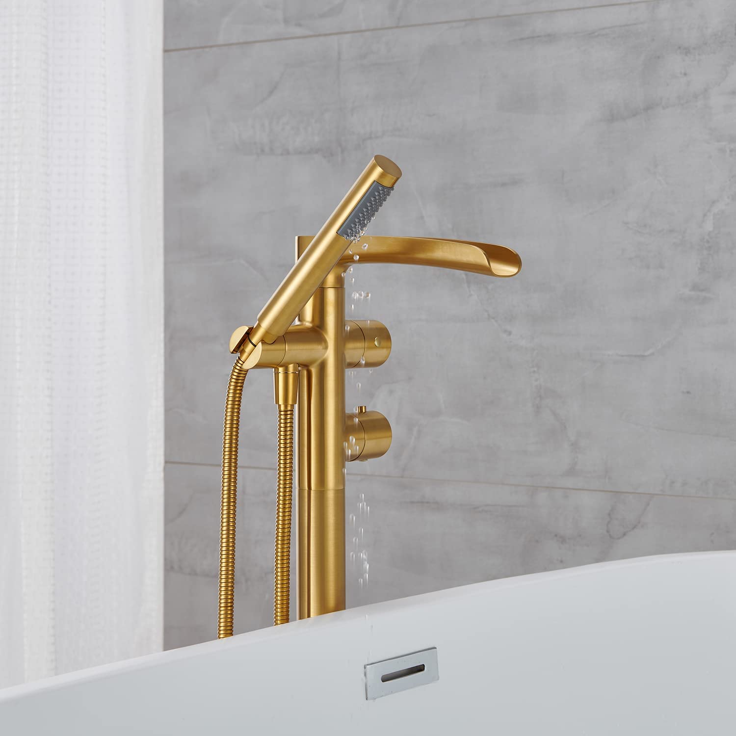Freestanding Thermostatic Bathtub Faucet Floor Mount Waterfall Tub Filler Brushed Gold Bathroom Taps with Handheld Shower - Luxury Spa Experience for Modern Bathrooms