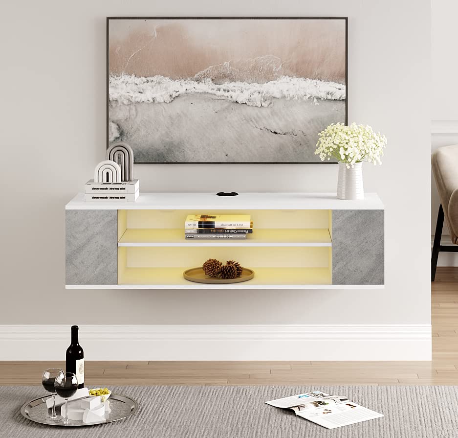 WAMPAT Floating TV Stand with Yellow LED Lights for 32/43/55 inch TVs - Wall Mounted Entertainment Center, Wooden TV Cabinet with Storage Shelf for Living Room (Grey & White) - Perfect for Modern Home Theater Setup & Space-Saving Media Organization