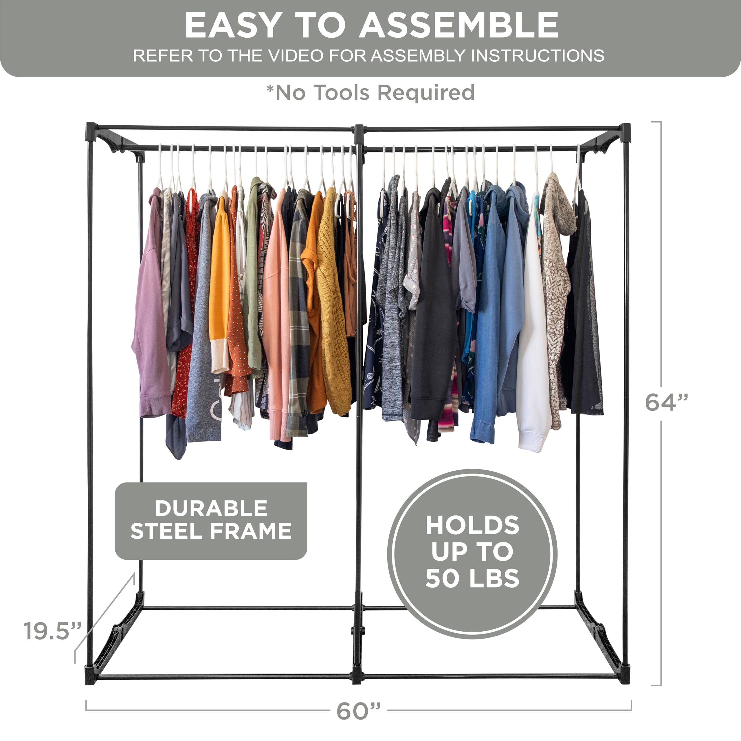 Premium Heavy Duty Portable Wardrobe Closet with Metal Hanging Rod & Gray Cover - 50 LB Capacity - Easy No-Tool Assembly for Home, Dorm, Travel & Camping Storage Solutions