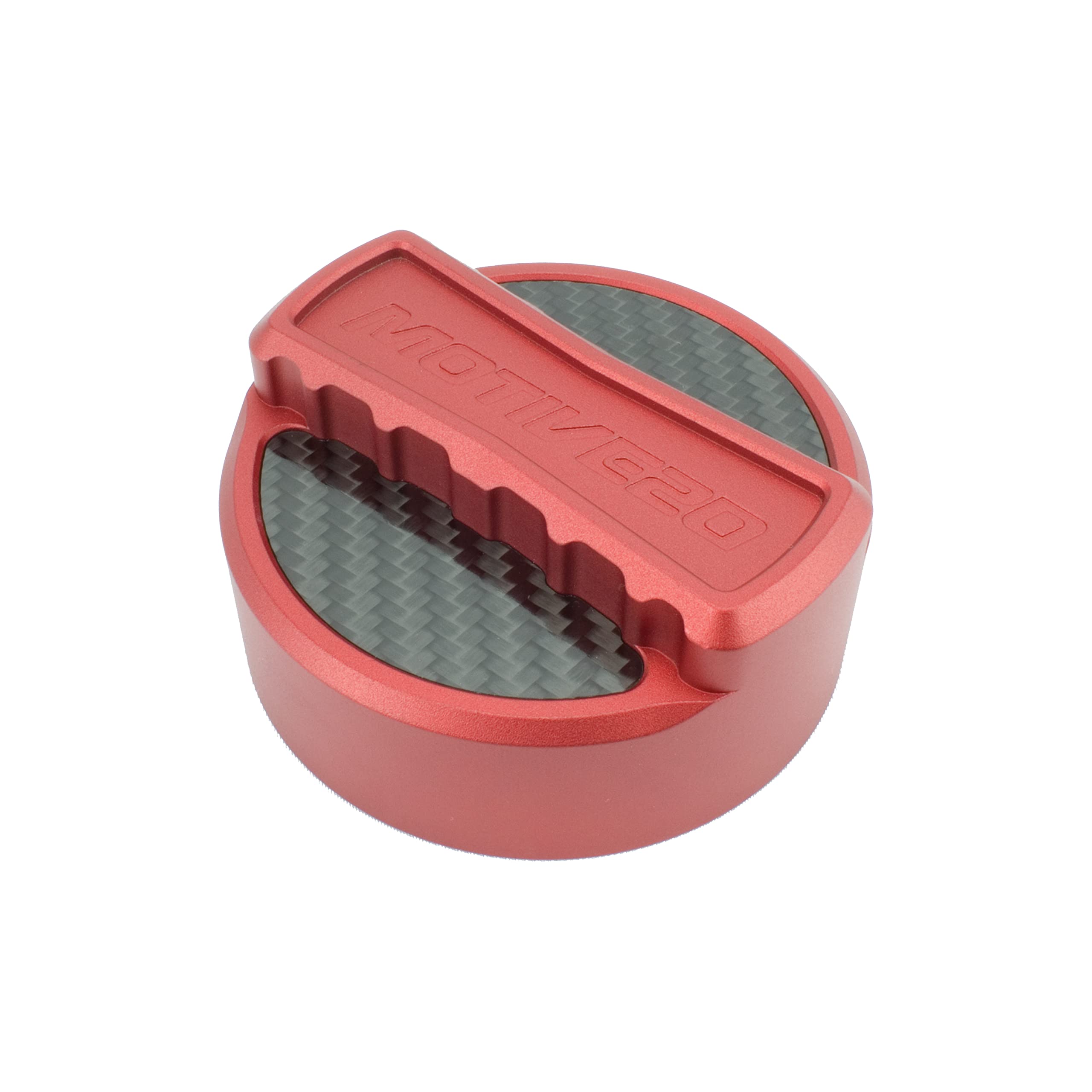 Motive Twenty™ Billet Aluminum Oil Cap Cover for BMW M Series - Carbon Fiber & Maverick Red Design - High Performance Engine Accessory - Perfect for Car Enthusiasts and Auto Shows