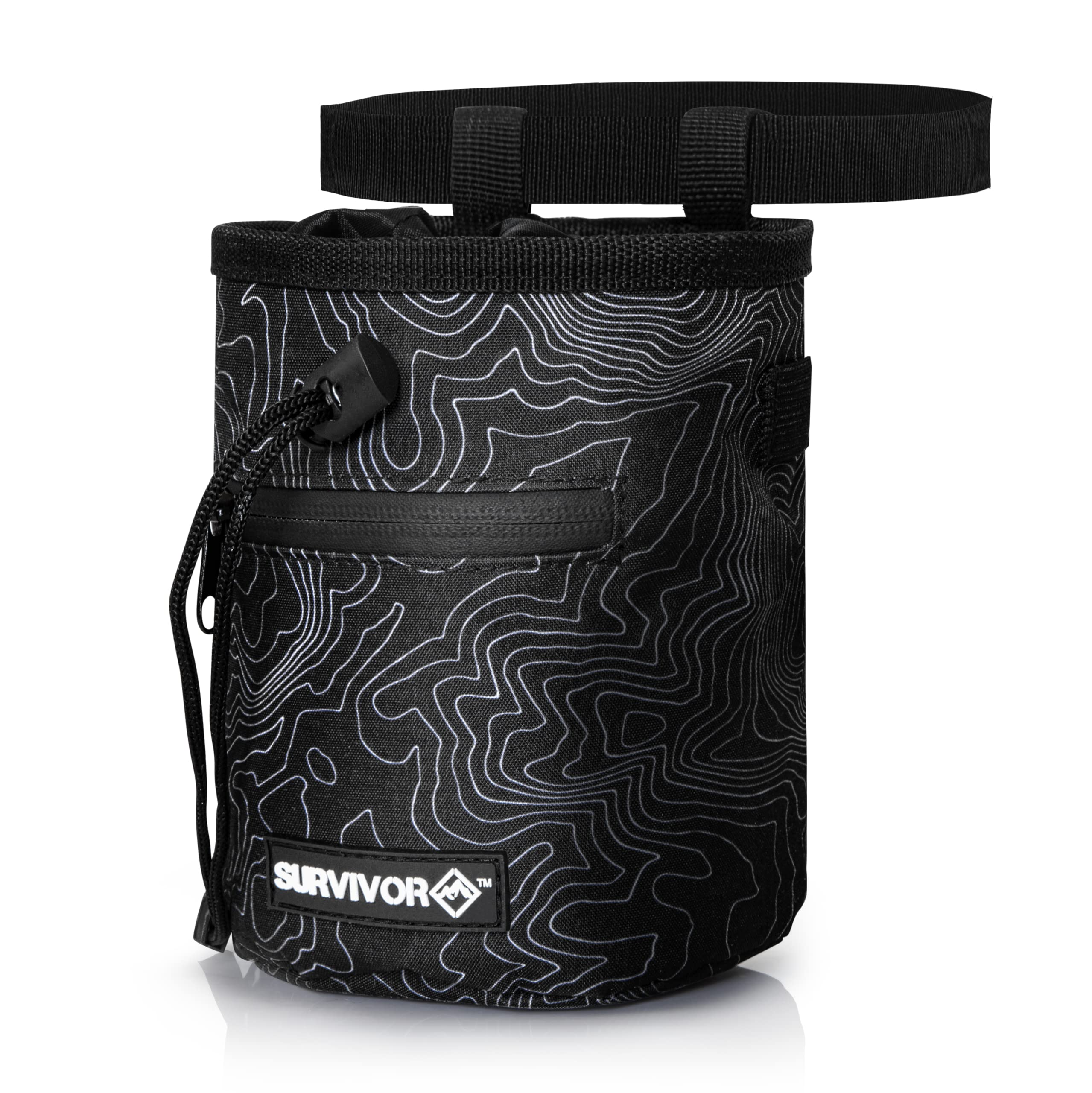 SURVIVOR Chalk Bag with Topographical Map Design - Rock Climbing Chalk Bag with Drawstring Closure, 2 Zippered Pockets & Brush Holder - Perfect for Bouldering, Weightlifting, Gymnastics & Workout Training - Ideal for Outdoor Sports & Gym Sessions