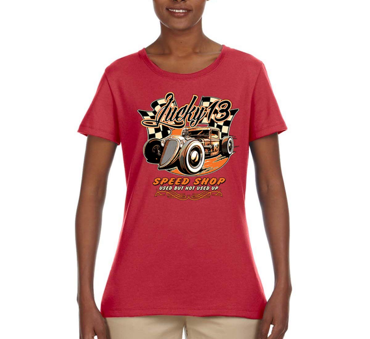 Lucky 13 Speed Shop Vintage Cars & Trucks Graphic T-Shirt for Women - Retro Automotive Style Tee for Casual Wear & Car Enthusiasts