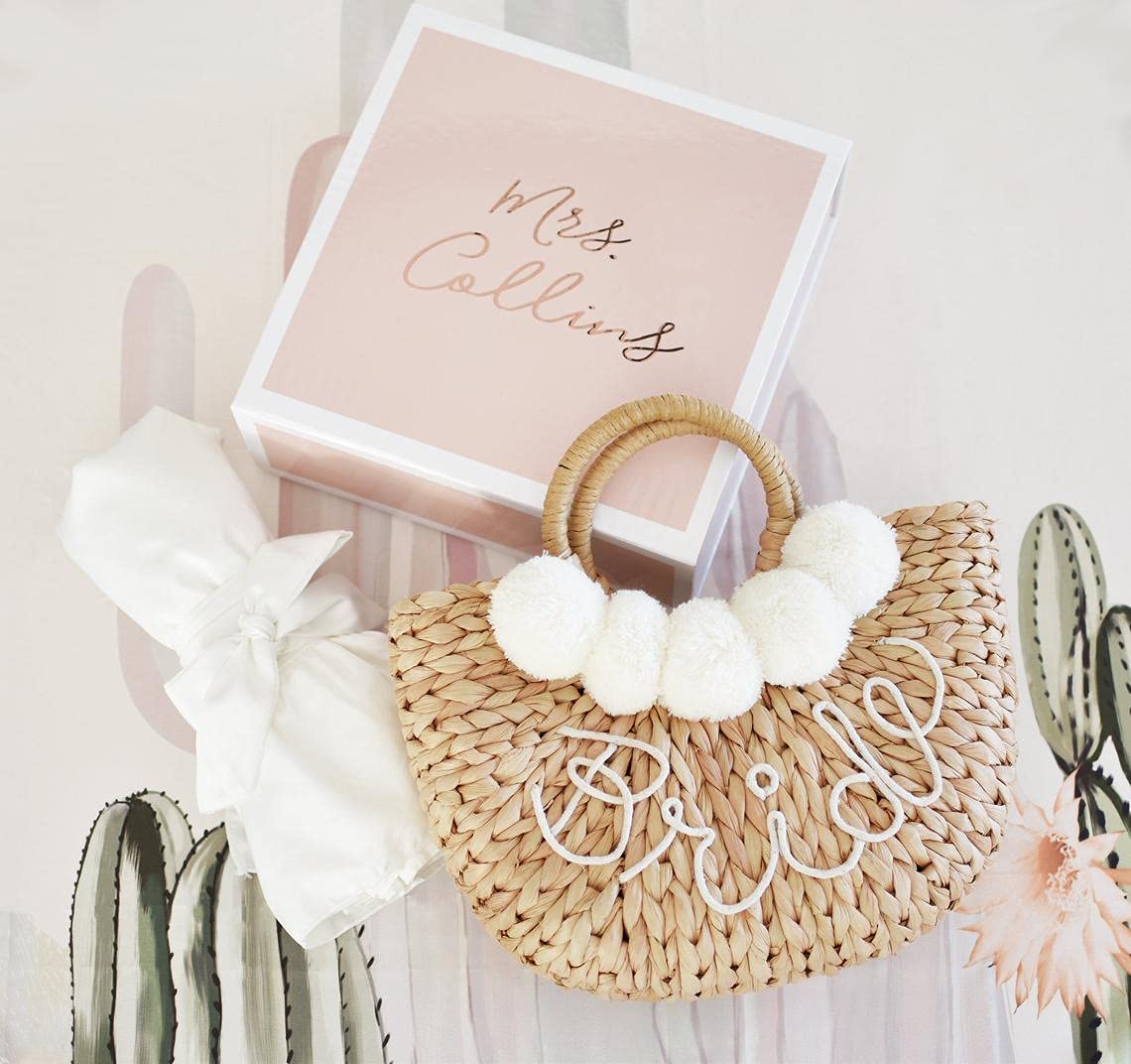 ModParty Handmade Straw Purse for Bride | Elegant Wedding & Honeymoon Accessory | Summer Beach Tote Bag with Pom Poms | Perfect Bridal Shower Gift & Bachelorette Party Essential | Ideal for Beach Weddings, Honeymoon Travel & Summer Outfits