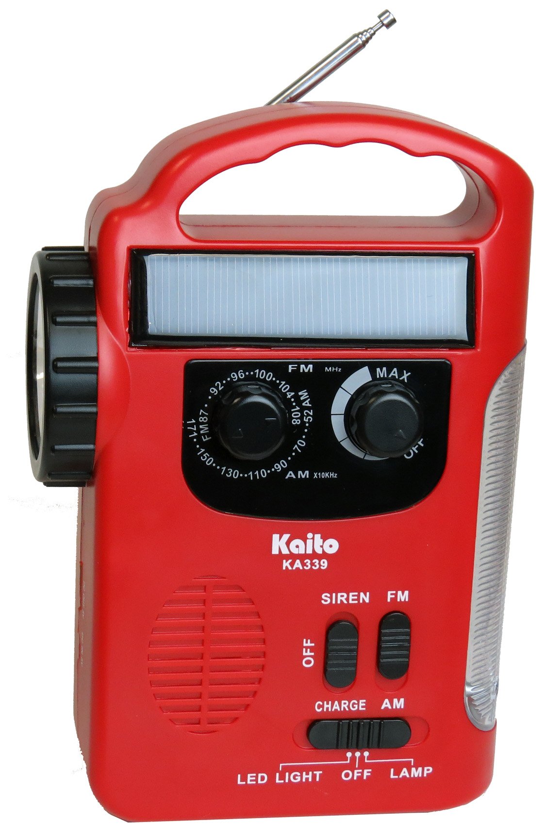 Kaito KA339 Solar Powered AM/FM Emergency Radio with Flashlight, Hand Crank Dynamo & USB Charging - Portable Survival Gear for Camping, Hiking & Power Outages (Red)