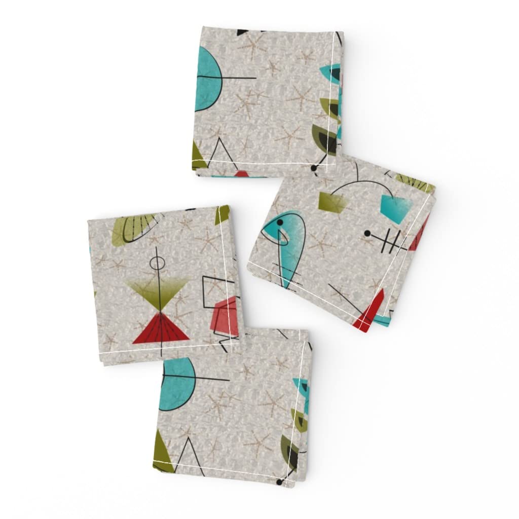 Mid Century Atomic Stars Abstract Cocktail Napkins Set of 4 - Vintage Inspired Linen Cotton Canvas Drink Napkins for Parties, Weddings & Home Decor