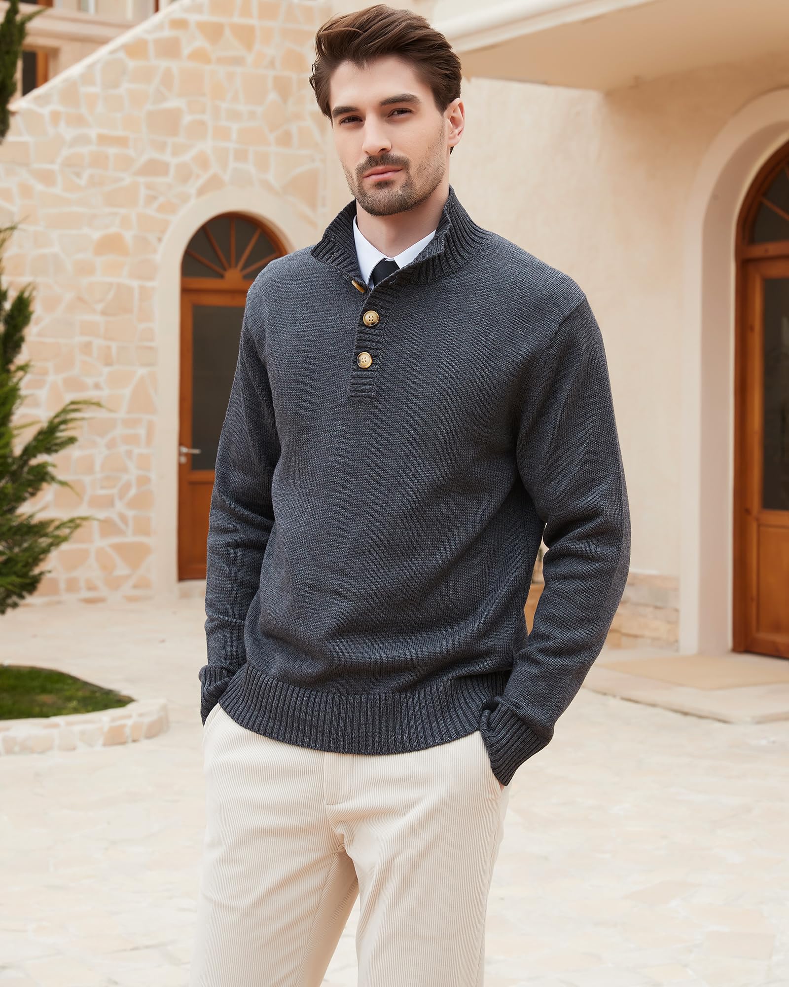 Men's Wool Blend Knit Pullover - Mock Neck Long Sleeve Sweater for Winter