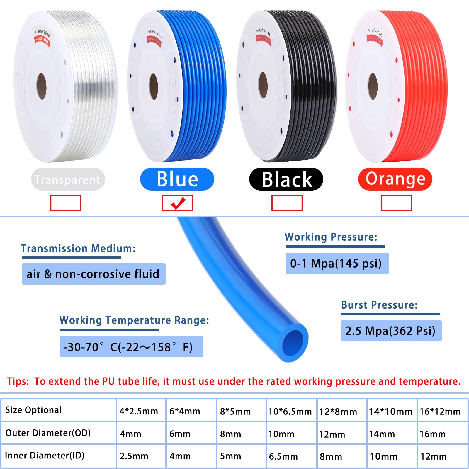 VerRich 8mm OD x 5mm ID Blue PU Air Hose - 100 Meters (328 FT) Pneumatic Tubing Pipe for Air Compressor, Transfer Systems | Ideal for Industrial, Automotive & DIY Air Tool Applications
