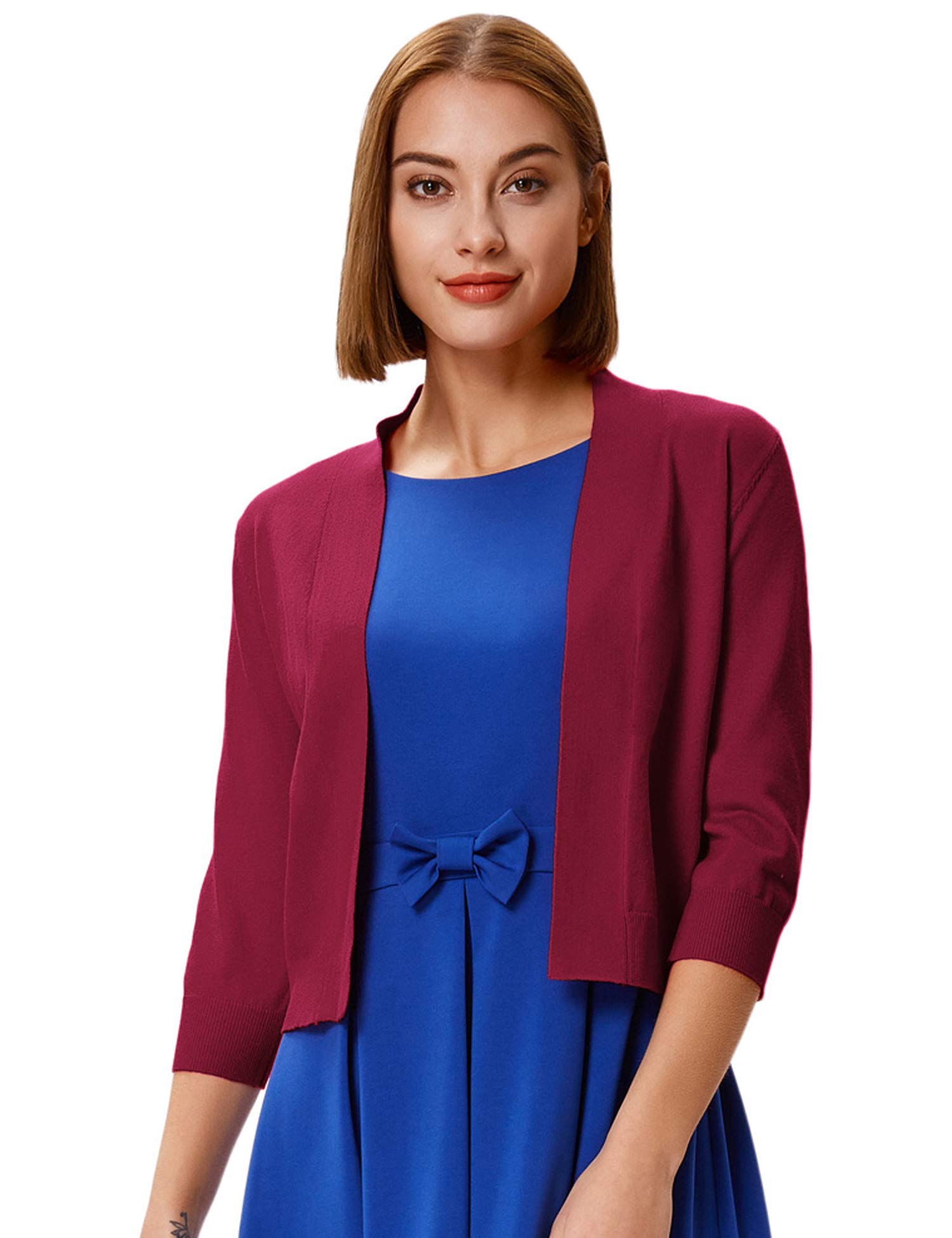 GRACE KARIN Women's 3/4 Sleeve Cropped Cardigan Sweater - Lightweight Knit Open Front Shrug Bolero for Office, Casual Outfits & Spring Layering