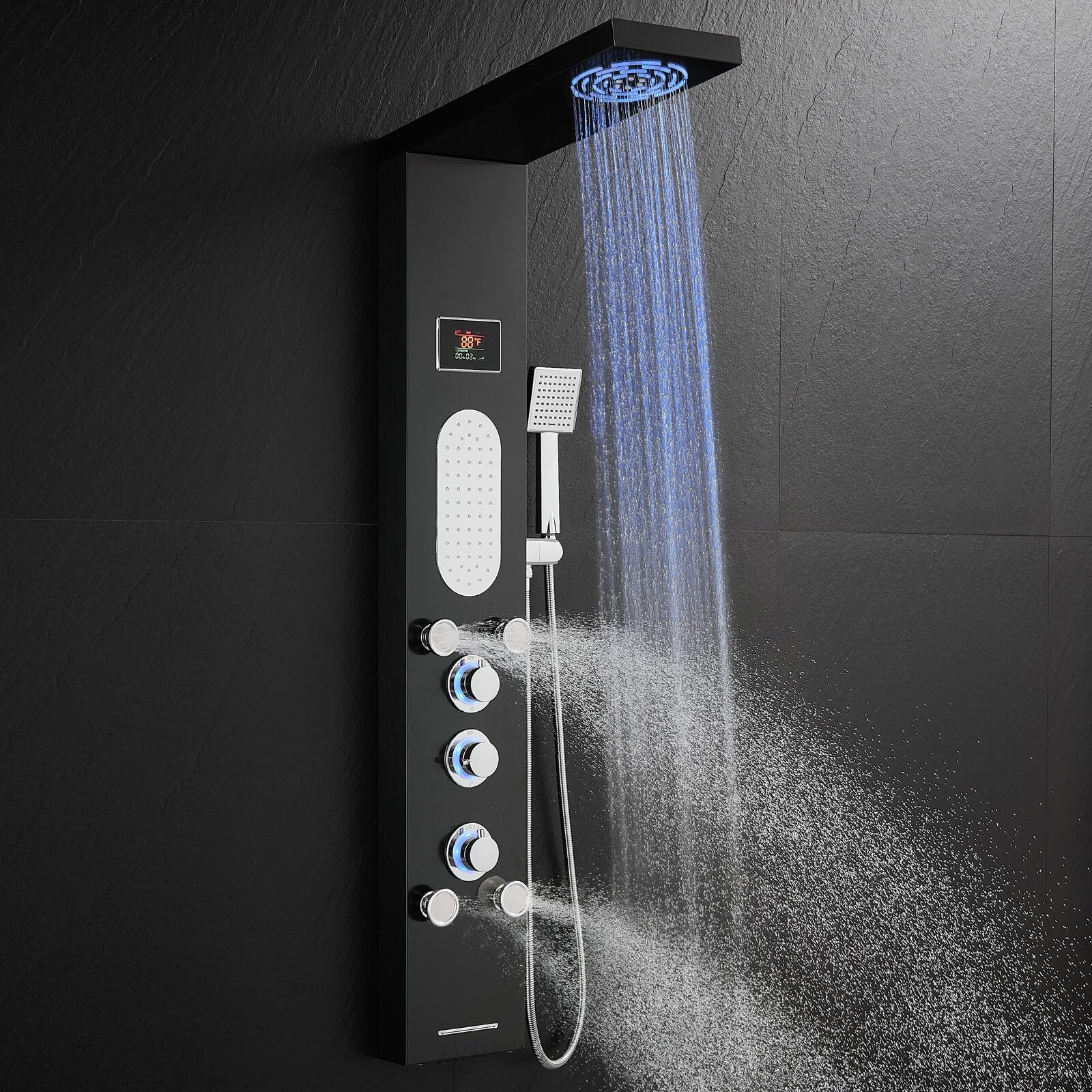 ROVOGO Stainless Steel LED Shower Panel Tower System - Rainfall Shower Head with Body Jets, Handheld Spray & Tub Spout | Digital Display & No-Battery LED Lights | Luxury Bathroom Upgrade for Spa-Like Experience at Home