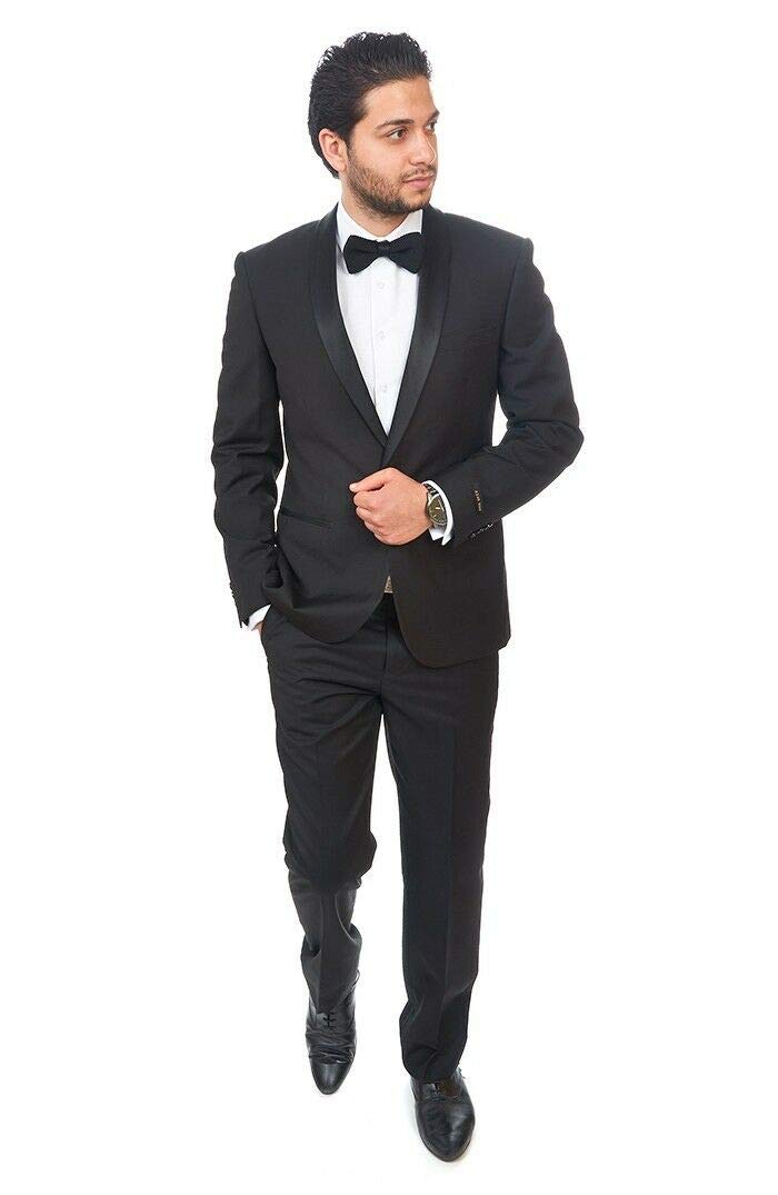 AZAR MAN Slim Fit Men's Shawl Lapel Tuxedo Suit - Black 1-Button Formal Blazer with Flat Front Pants | Perfect for Weddings, Prom, Black Tie Events & Evening Occasions