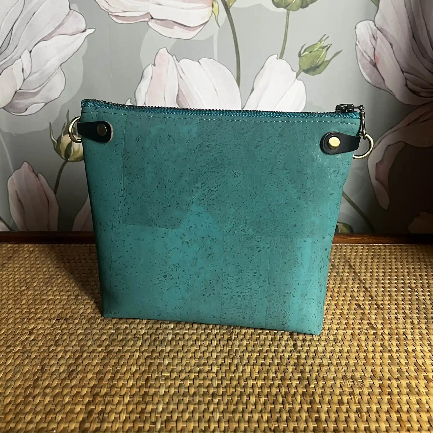 Izzy's Mom Cross Body Bag (Medium) - Turquoise Cork with Sunlit Dahlias Print & Brushed Antique Finish | Stylish Women's Purse for Everyday Use, Travel & Casual Outings