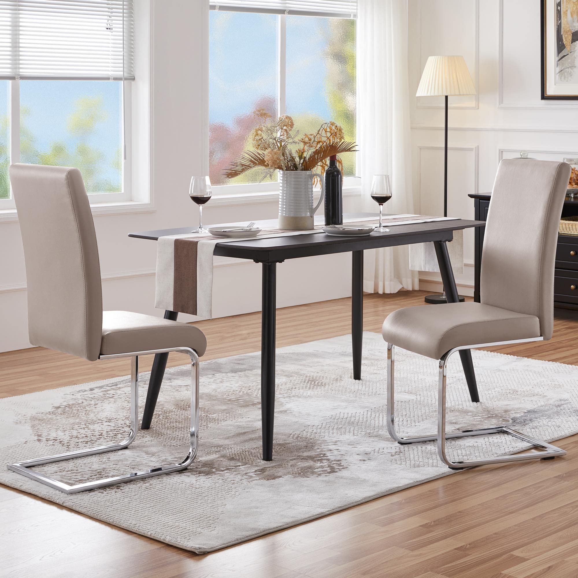 Yaheetech Modern High Back Leather Dining Chairs - Set of 2 Upholstered Armless Side Chairs with Metal Legs for Kitchen, Living Room & Home Office - Light Brown - Comfortable Seating for Family Meals & Entertaining Guests
