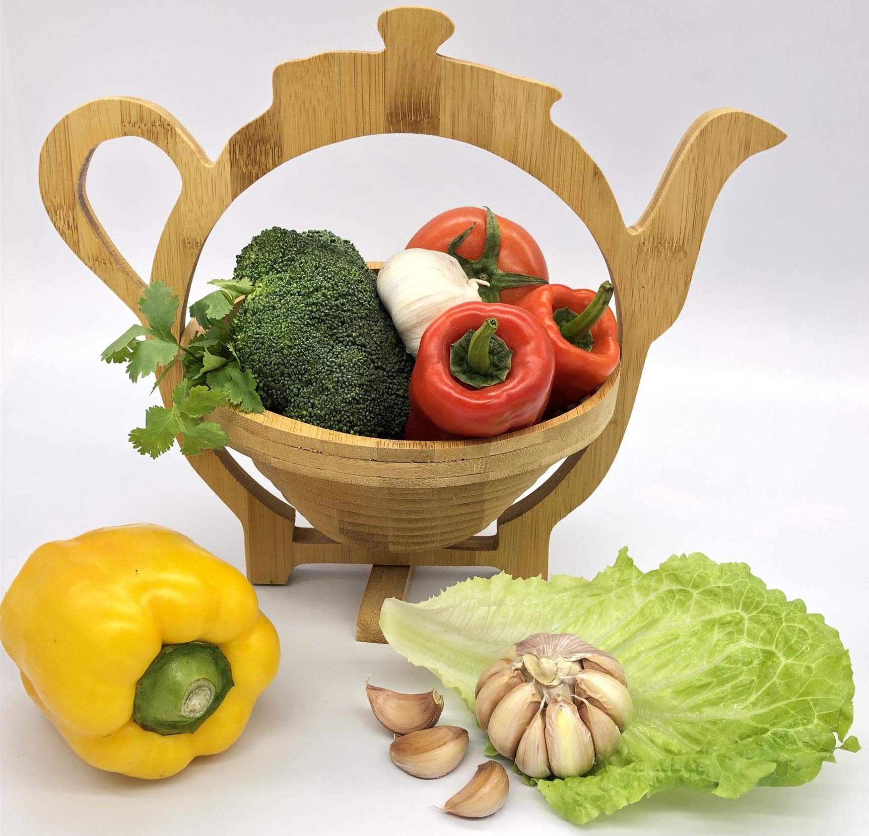 Premium Bamboo Tea Pot Design Fruit Basket - Multipurpose Bowl & Trivet for Kitchen, Dining, and Home Decor | Eco-Friendly Serving Tray for Fruits, Snacks, and Hot Dishes