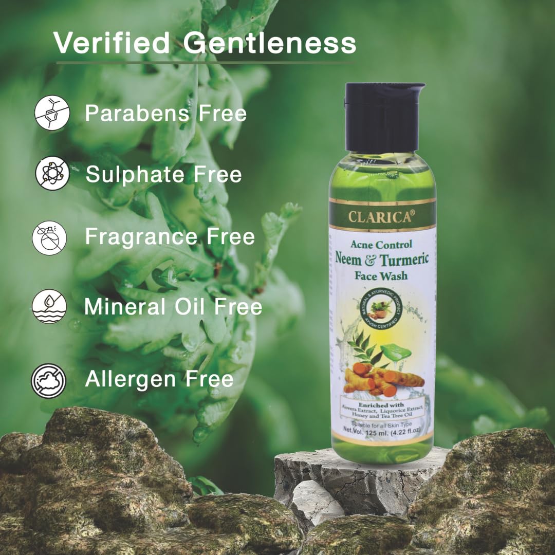 Clarica Neem Face Wash for Acne Prone Skin - Sulfate & Paraben Free Anti Acne Cleanser with Tea Tree Oil for Oily & Sensitive Skin - 125ml for Women & Men | Daily Deep Cleansing & Pore Minimizing Skincare Routine
