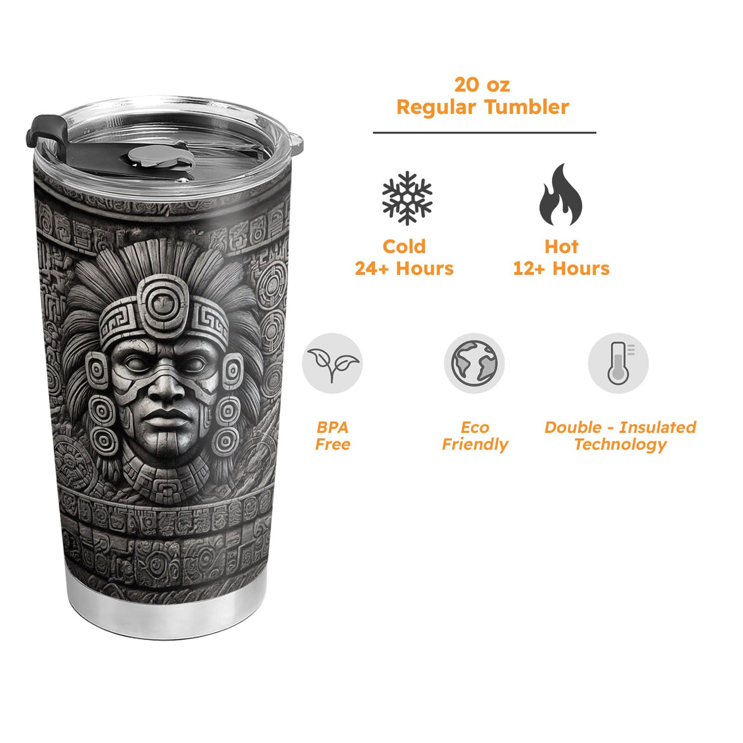 20oz Mexico Aztec Warrior Tumbler - Stainless Steel Double Wall Vacuum Insulated Coffee Mug with Lid - Mexican Gifts for Men - Mayan Aztec Printed Metal Travel Cup - Perfect for Coffee, Tea & Hot/Cold Drinks on the Go, Office, Camping & Outdoor Adventures
