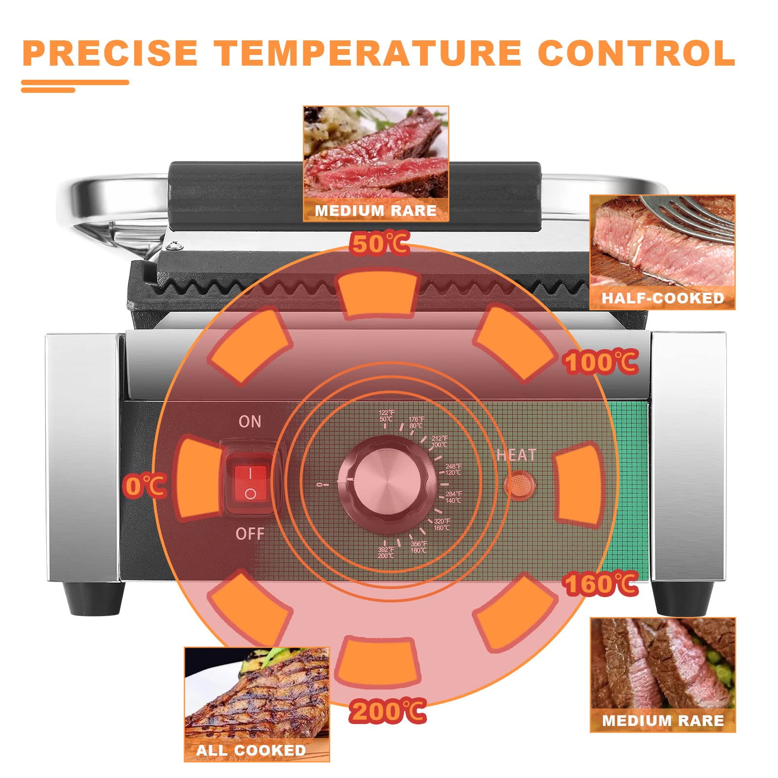 2200W Commercial Electric Panini Press Grill with Non-Stick Grooved Plates, Adjustable Temperature Control Sandwich Maker - Perfect for Hamburgers, Steaks, Paninis & Breakfast Griddles - Ideal for Restaurants, Cafes & Home Kitchens