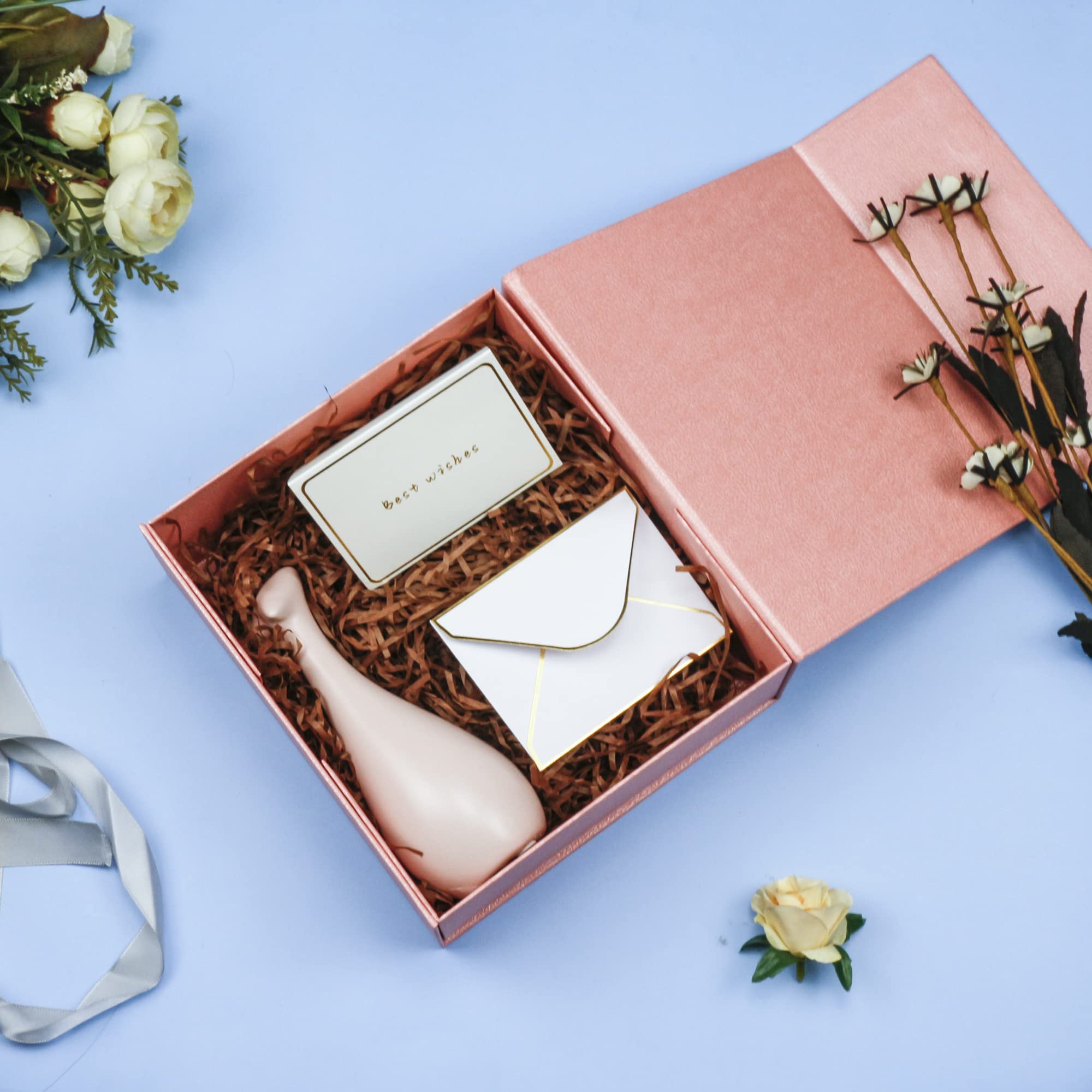 YINUOYOUJIA Magnetic Gift Box with Lid - Elegant Pink Present Packaging (8x7x3.2 Inch) for Weddings, Birthdays, Mother's Day & Bridal Gifts | Includes Card & Ribbon | Perfect for Party Favors, Festive Celebrations & Special Occasions