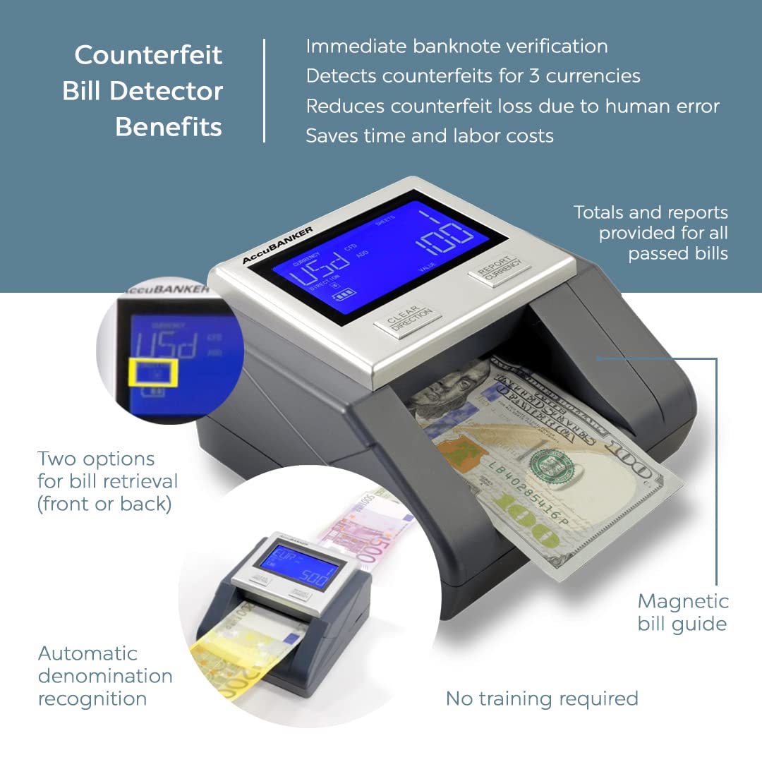 AccuBANKER D585 Multi-Scanix Counterfeit Money Detector - Multi-Directional Bill Validator with UV/MG/IR Detection for USD, EUR, GBP - Visual & Audio Alerts - Ideal for Banks, Retail Stores, and Cash-Intensive Businesses