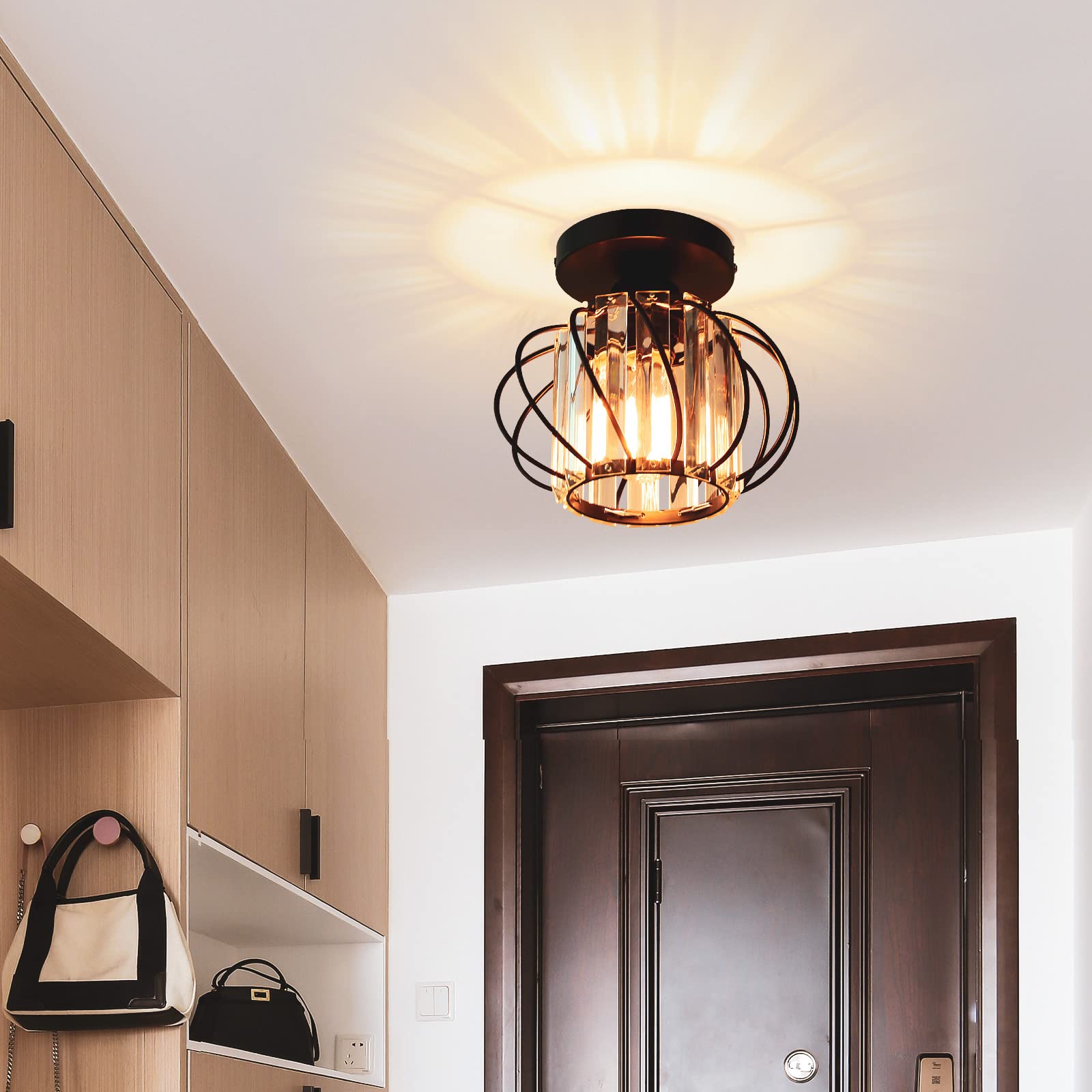 2-Pack Semi Flush Mount Ceiling Light - Small Crystal Chandelier Fixtures with Black Metal Cage, Modern Lighting for Bedroom, Hallway, Entryway, Porch & Kitchen - Elegant Home & Office Decor